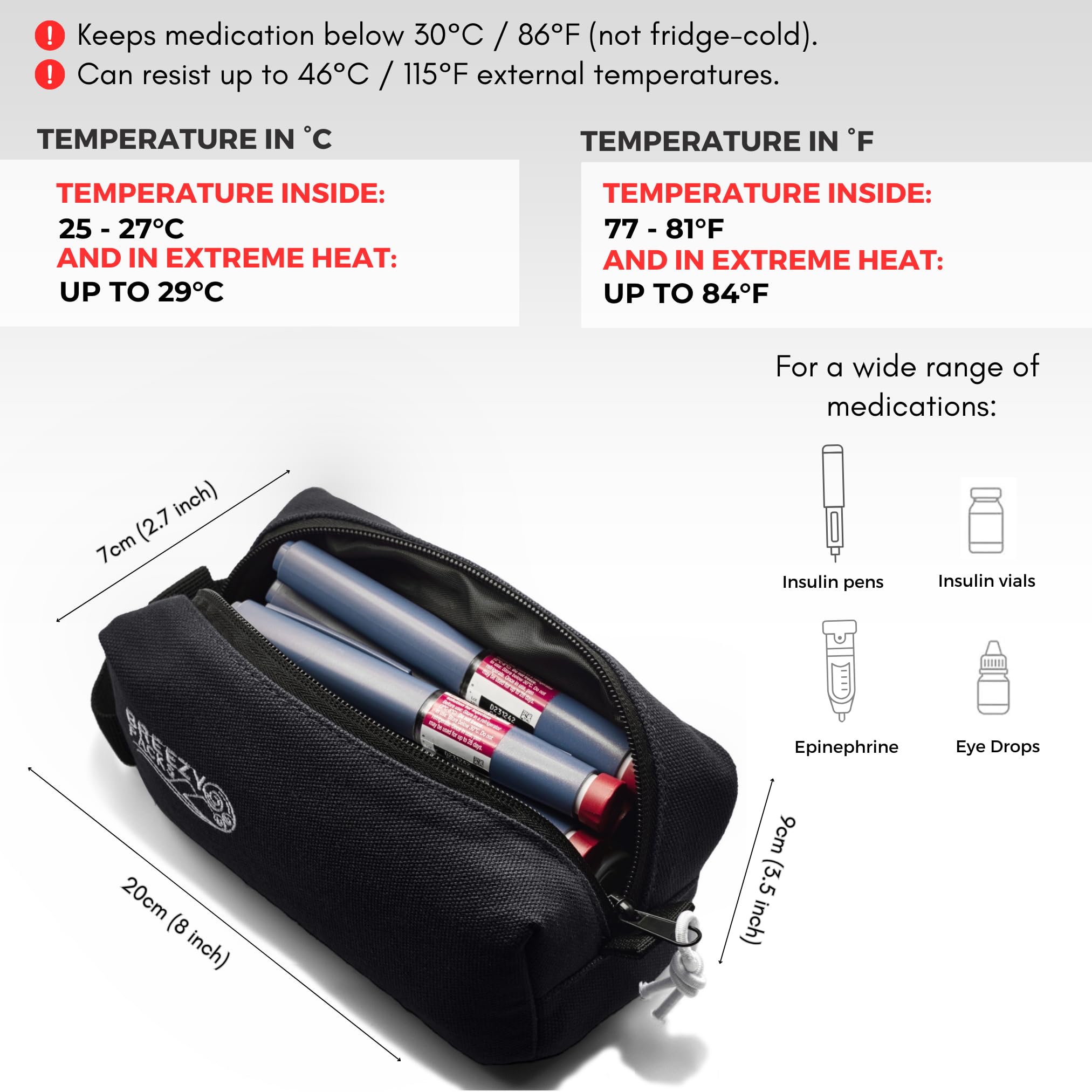 BreezyPacks Insulin Cooler Travel Case, No Icepacks, Black V2, 20cm x 9cm x 20cm - Image 3