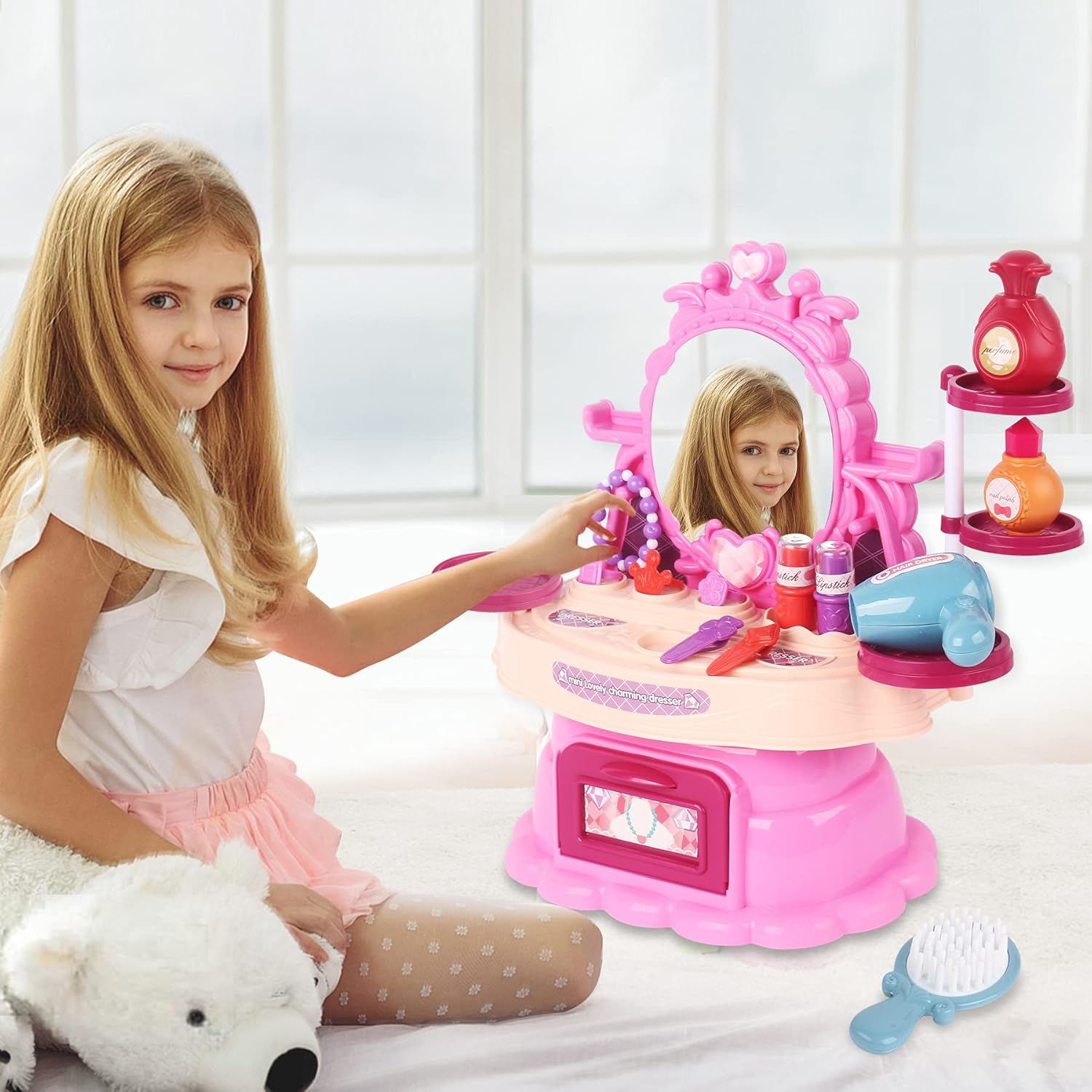 PALA PERRA Play Vanity Sets for Girls, 25PCS Kids Vanity Set with Mirror, Pretend Play Kids Makeup Vanity, Princess Vanity Set for Girls, Get an Extra Free Doll : Toys & Games