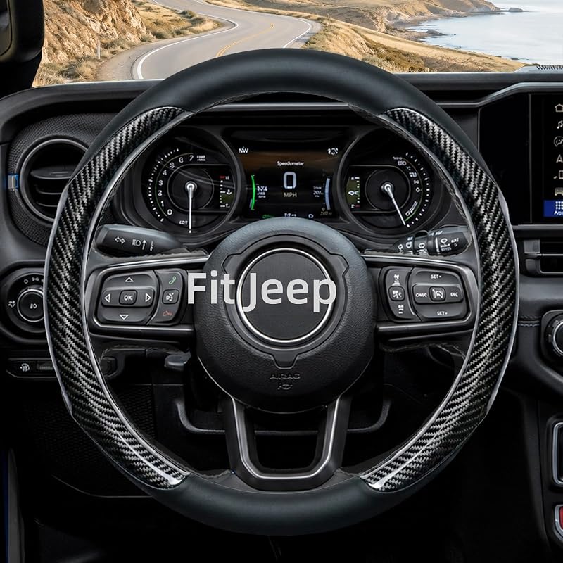 Capa para Volante em Couro Yangday para Jeep Wrangler, Grand Cherokee e Compass, 37–38 cm, Carbon Black - A