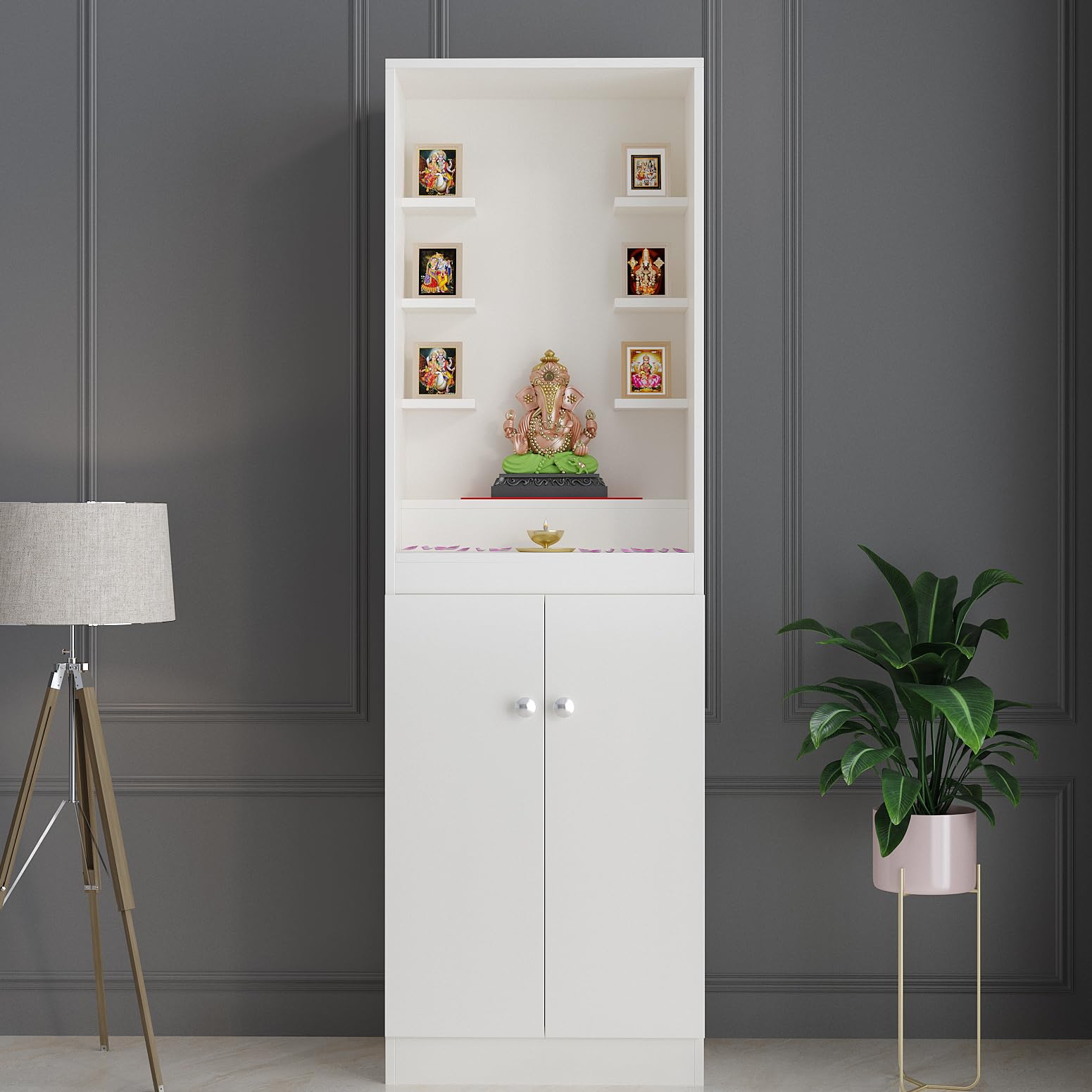 FURNEASER Adya Wooden Pooja Mandir for Home with Storage | Engineered Wood Temple Stand with Shelf & Cabinet | Compact Floor-Standing Prayer Unit for Living Room � White Finish, 161x50x32 cm