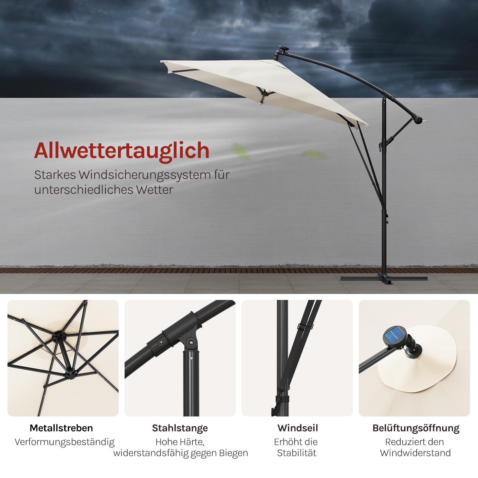WOLTU Sonnenschirm 300 cm, mit Solar-LED-Beleuchtung, Ampelschirm rechteckig 360° drehbar, Sonnenschutz UPF 50+, mit Windschutzseilen Schutzhülle, für Balkon Garten Terrasse, Beige