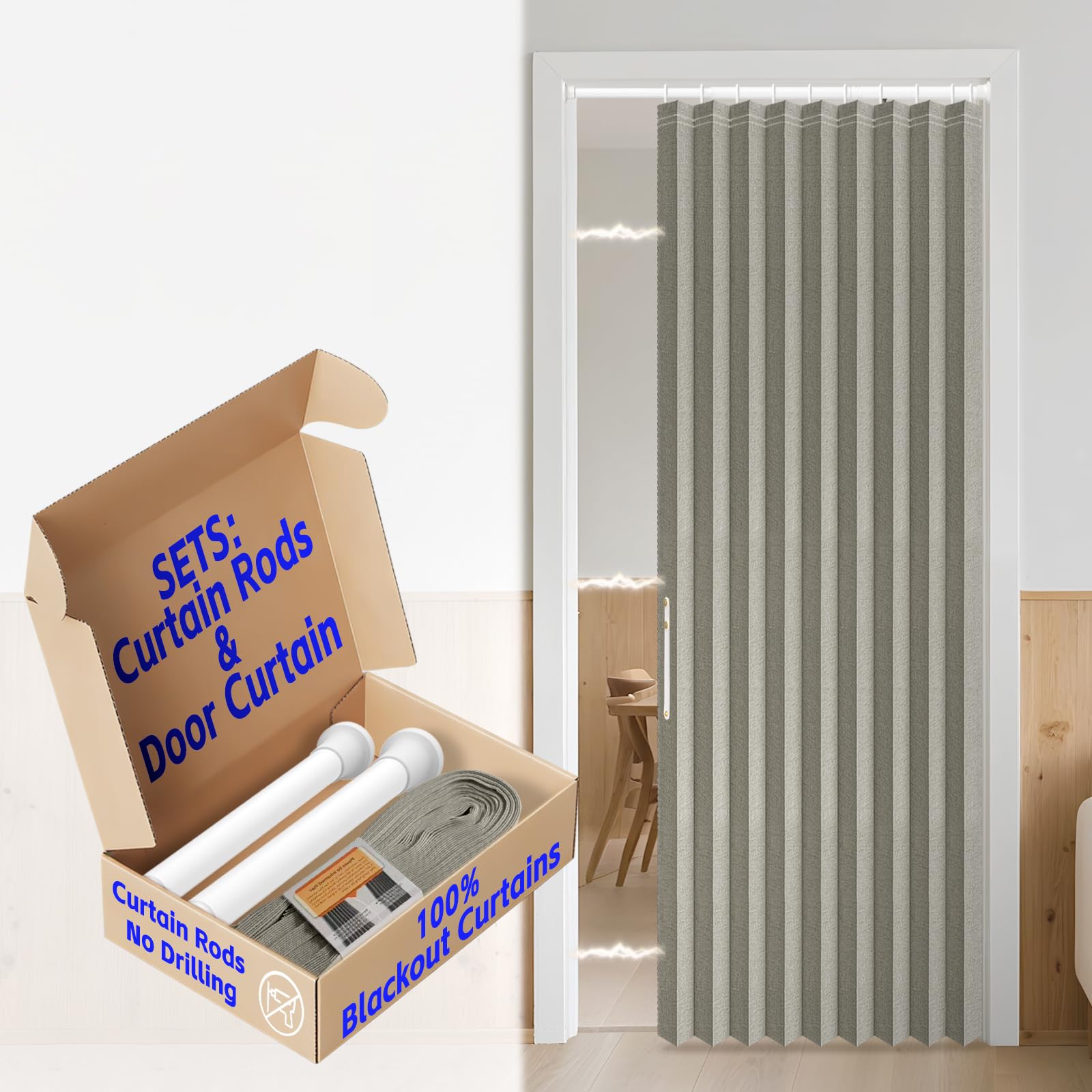 AJAZZ Blackout Accordion Doors with Curtain Rods Adjustable 28-39" Long Interior Invisible Folding Door for Bedroom Living Room Doorway Curtain Sets (1 Pack, 42 W x 78 L, Grey)