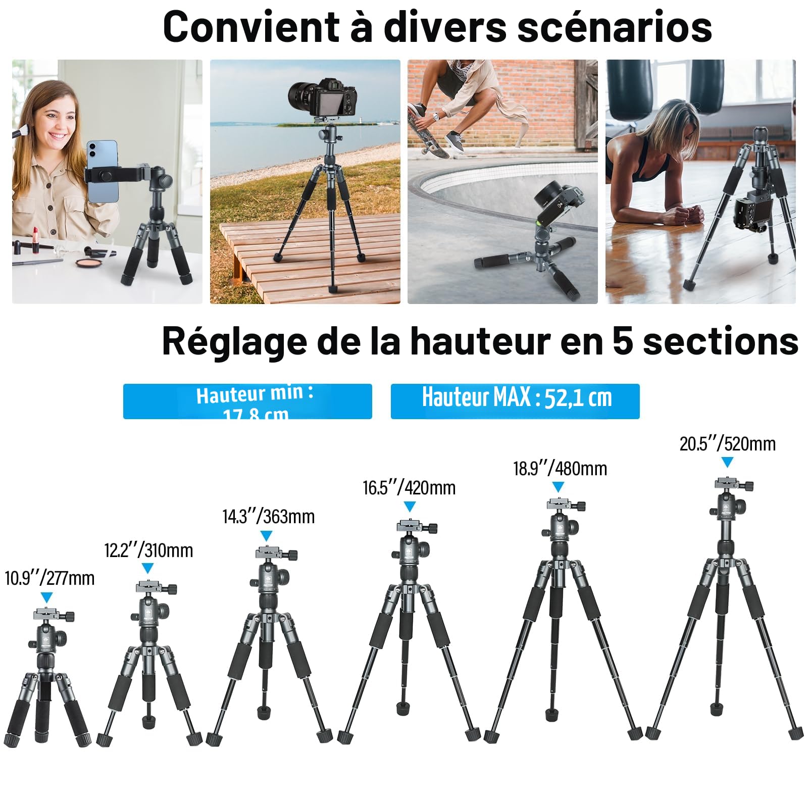 SIRUI Mini Trépied Appareil Photo de Bureau en Aluminium avec Rotule 360°, 52cm Trépied de Bureau Compact pour Caméscope Vidéo Appareil Photo Reflex Numérique, Charge Jusqu'à 10 kg, AM-TT50