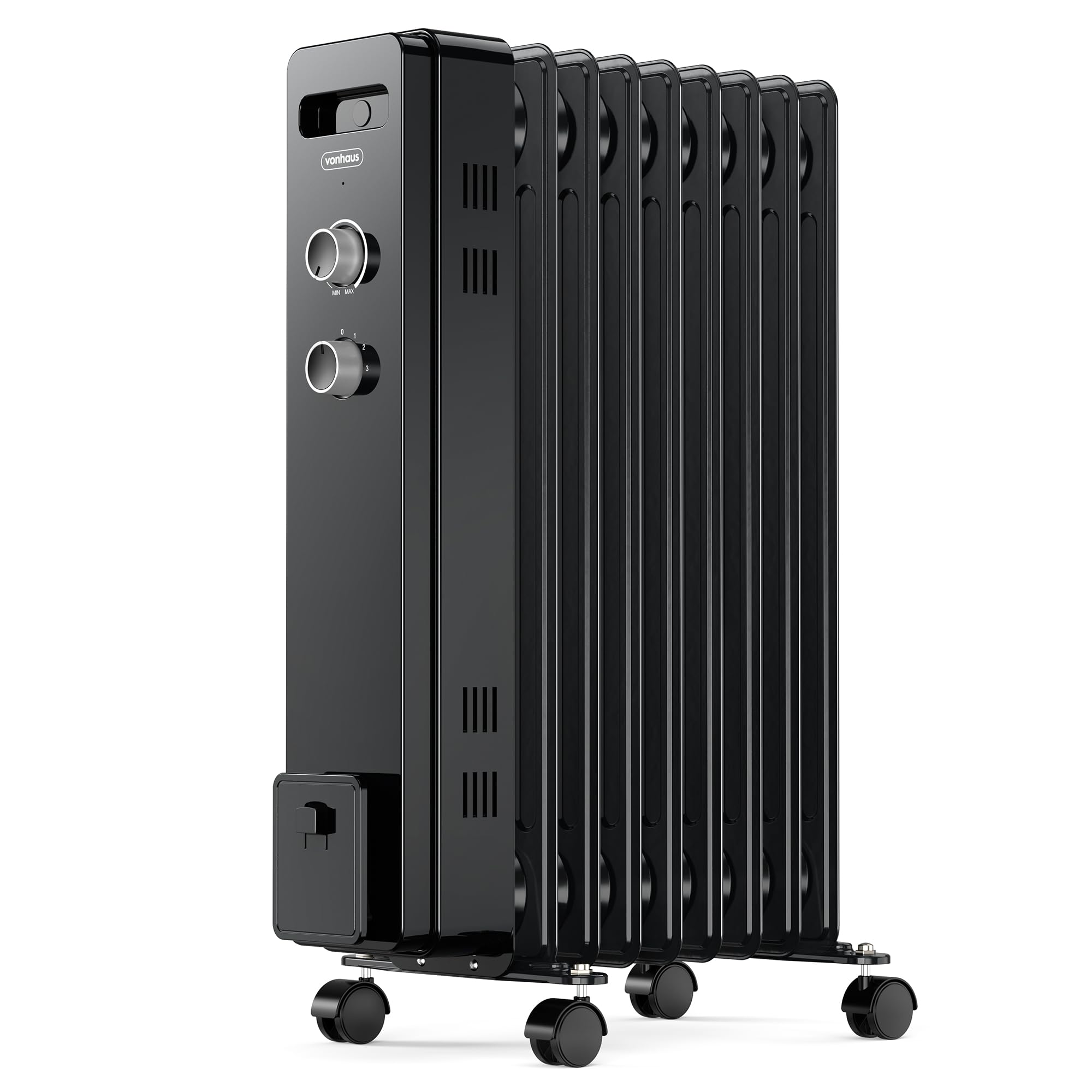 VonHaus Radiador Eléctrico de Aceite de 9 elementos – Calefactor Eléctrico Bajo Consumo Portátil 2000 W - Termostato Ajustable, 3 Niveles de Calor, 4 Ruedas, Cable 1,5 m (Negro)