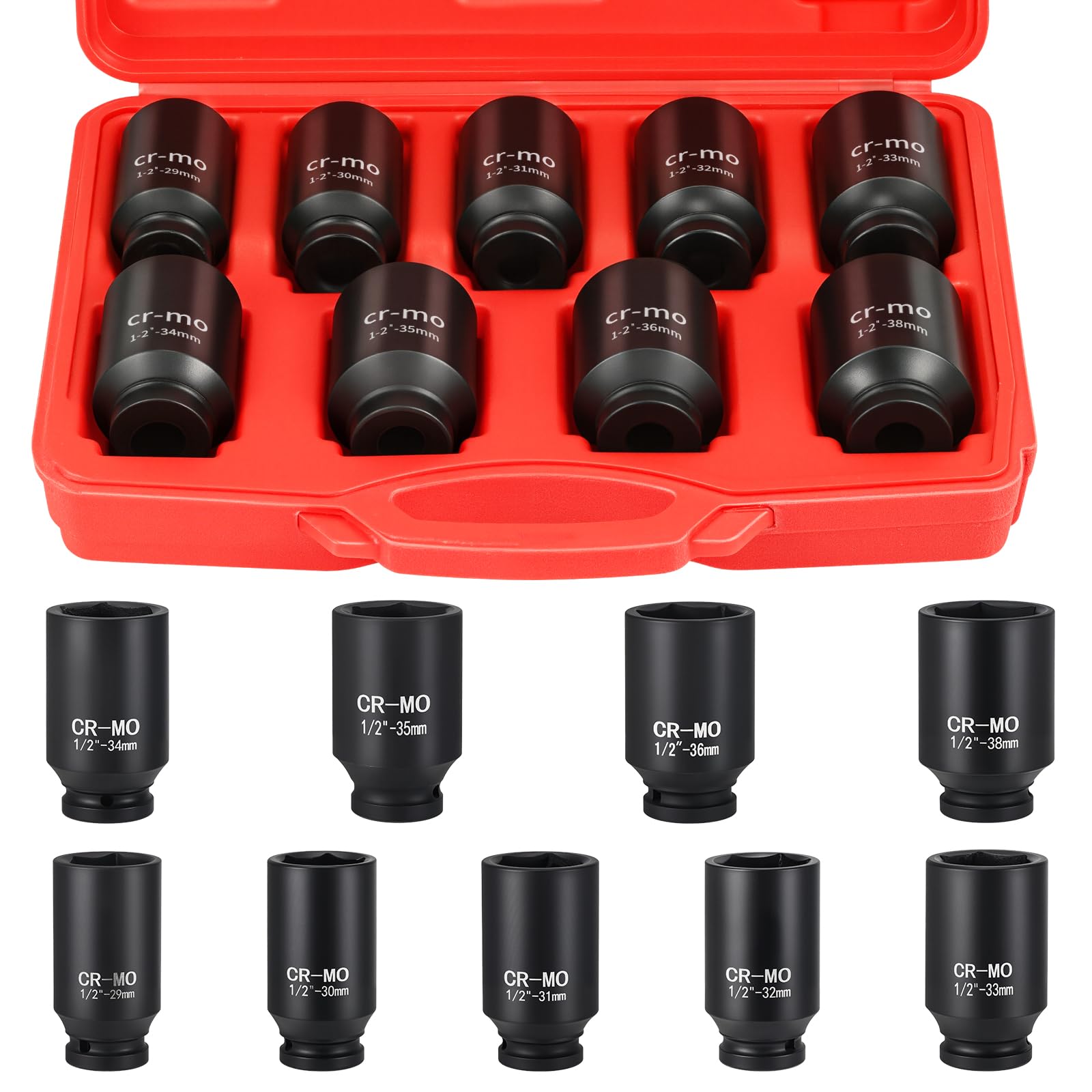 HSEAMALL Juego de llaves de impacto profundo de 9 piezas, métricas de 29 a 38 mm, CR-MO de 6 cantos, resistentes, compatibles con llaves de impacto, desmontaje de bujes de rueda de coche