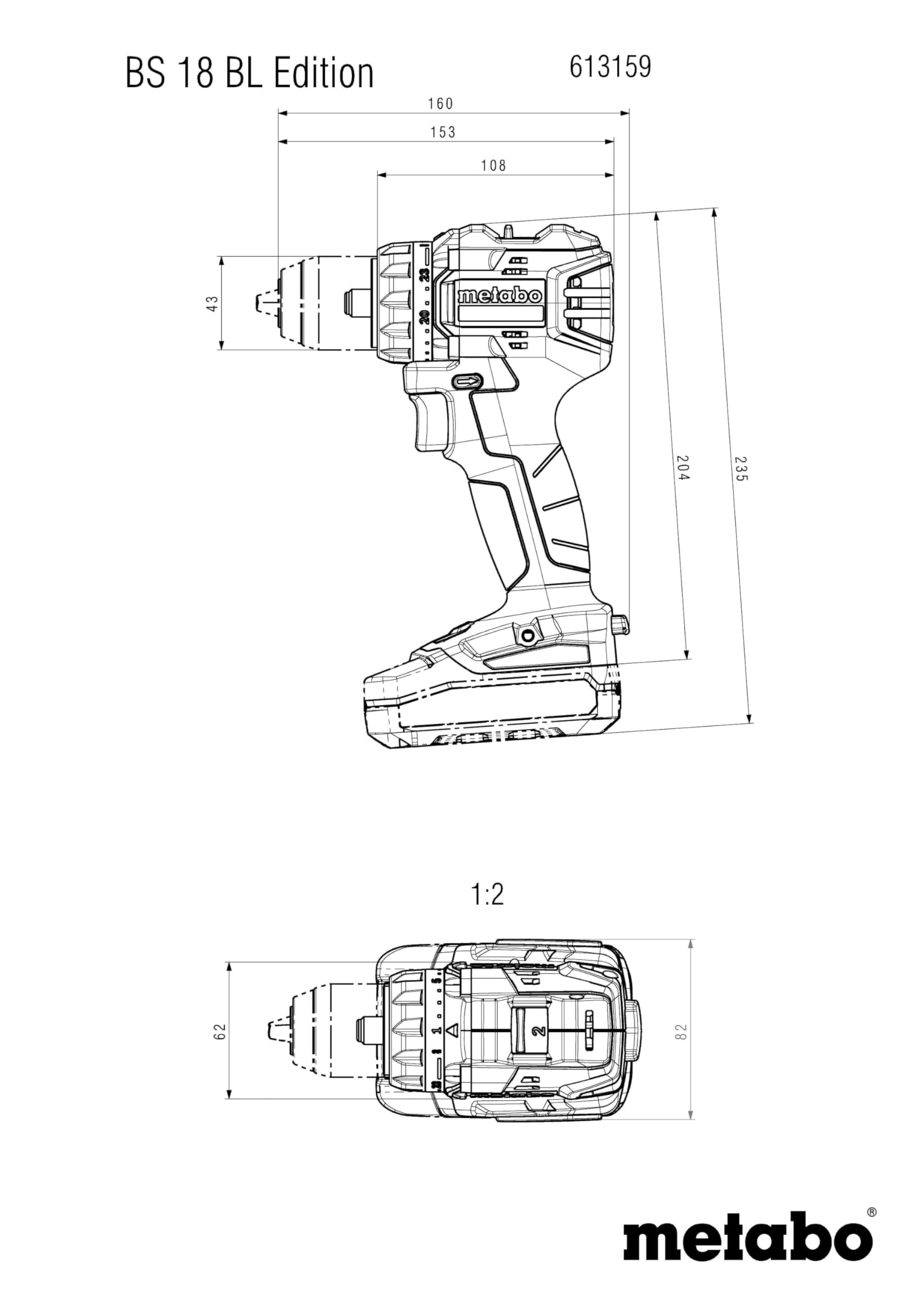 metabo Taladro para batería BS 18 BL Edition - 18 V, CAS, par de giro de 60 Nm, taladro Ø de 36 mm - Sin escobillas, compacto y potente para perforar y atornillar con precisión - Incluye batería (18V