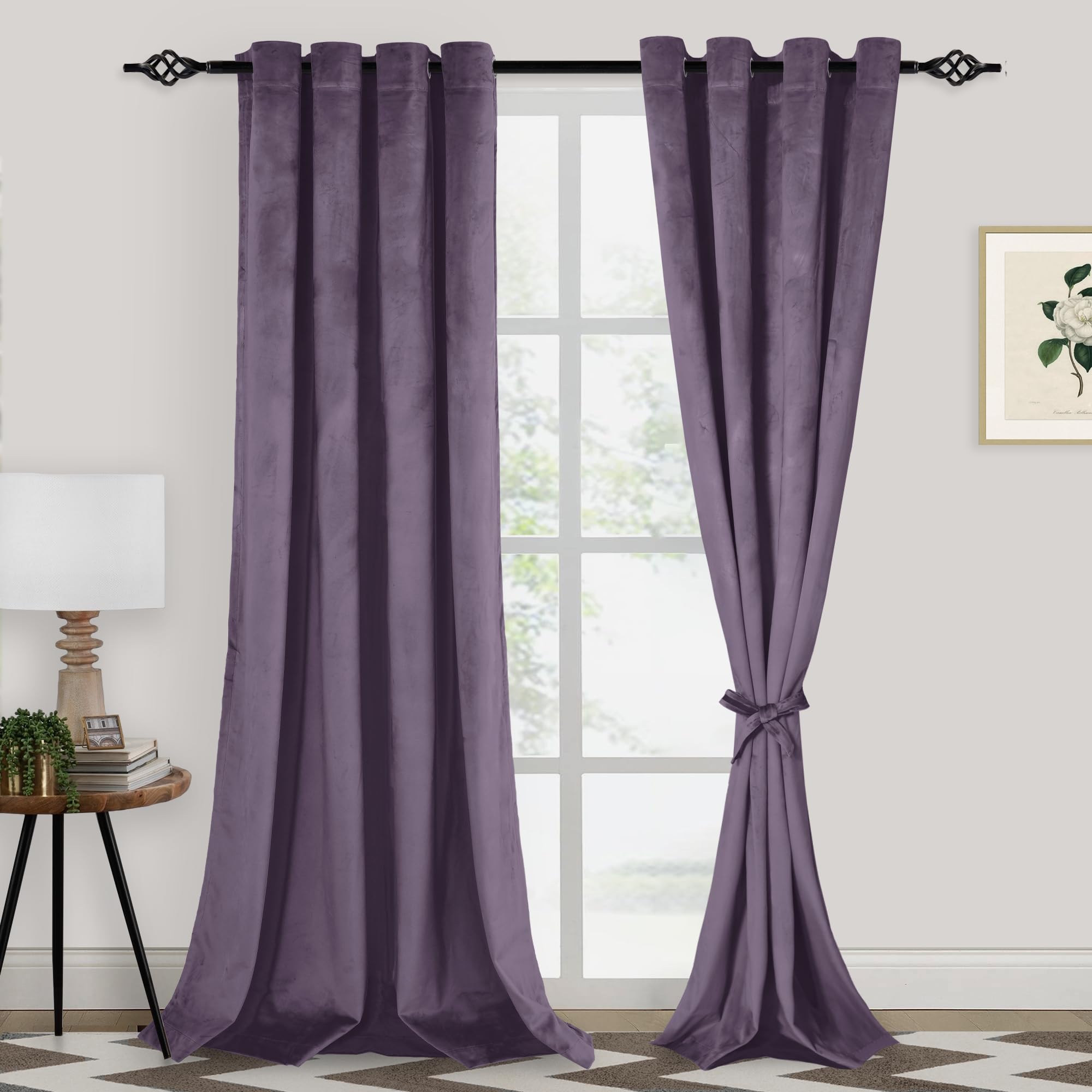 XWZO Velvet Blackout Curtains 108 Inches - Elegant Heat Blocking & Privacy Enhancing Grommet Window Curtain Panels for Bedroom/Living Room with Tiebacks, Lavender, W52 x L108, Set of 2 โ image 1