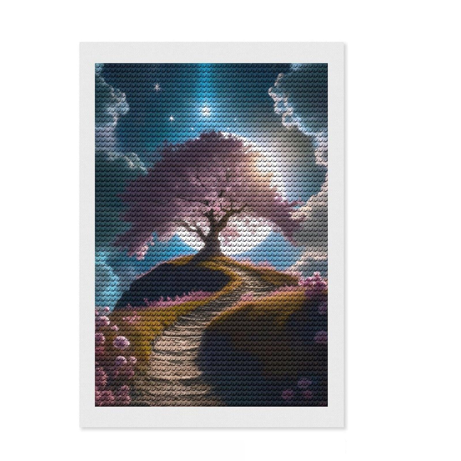 Junmoney Cherry Trees at Night Diamond Art Canvas 8"x12", for Beginners, Easy to Enjoy, Cosy Home Accent, Christmas Gift, Enjoyable At-Home Hobby