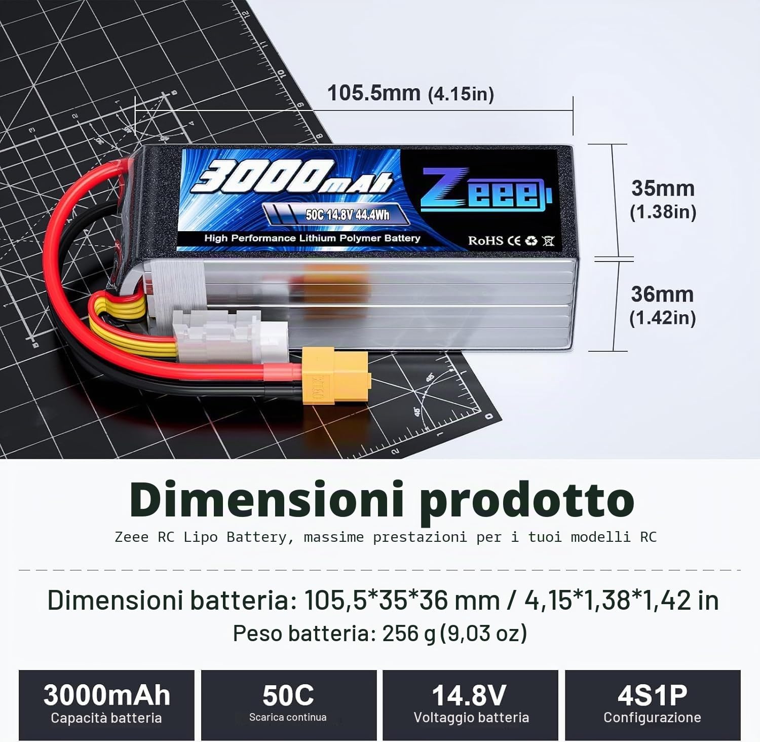 Zeee 4S Lipo 3000mAh 14,8V 50C Batteria RC con connettore XT60 per auto RC, camion, aereo, elicottero, barca... (2 pezzi)