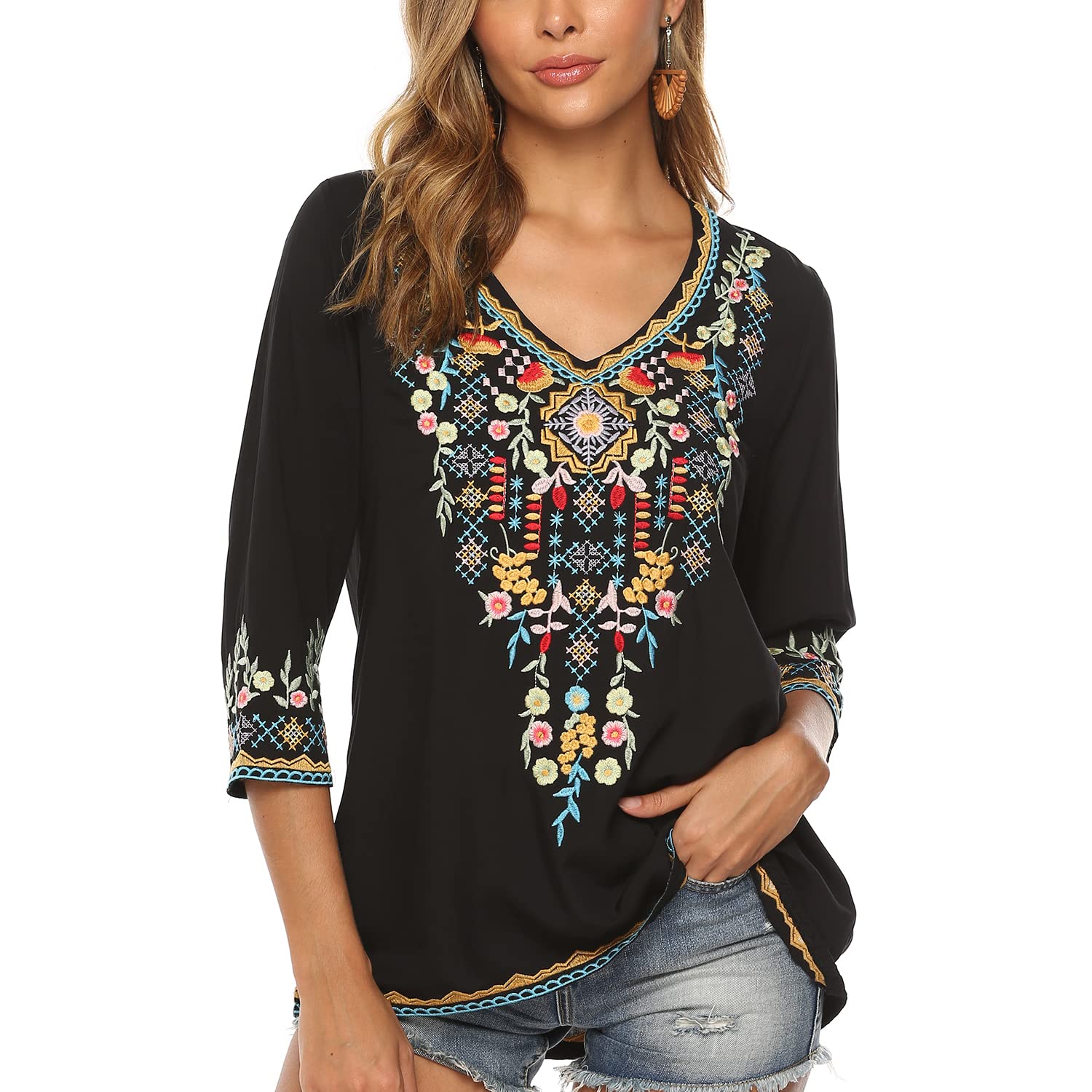 Vakakado Ropa Hippie para Mujer Blusa Bordada de Folclore Bohemio Túnica de Manga 3/4 con Cuello en V Top Informal de Verano