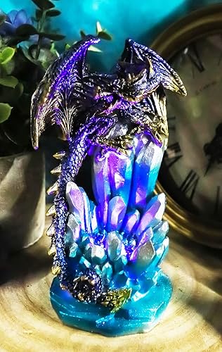 Miniatura 8 de Ebros - Estatua de roca de estalactita de cristal azul de 6.25 pulgadas de alto, dragón cósmico morado y dorado con luz nocturna LED, figura