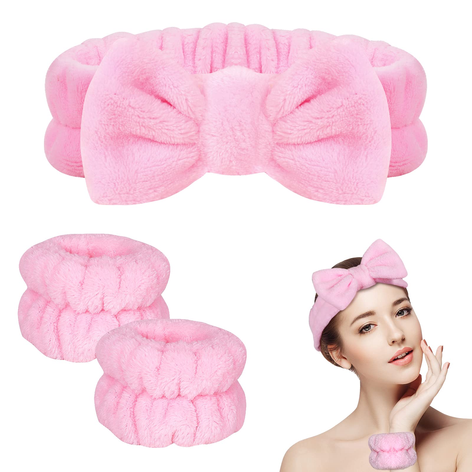 BLAAROOM 3PCS Bow Face Wash Headband and Wristband Set,Soft & Absorbent Spa Headband for Women Makeup Skincare Washing Face - Pink