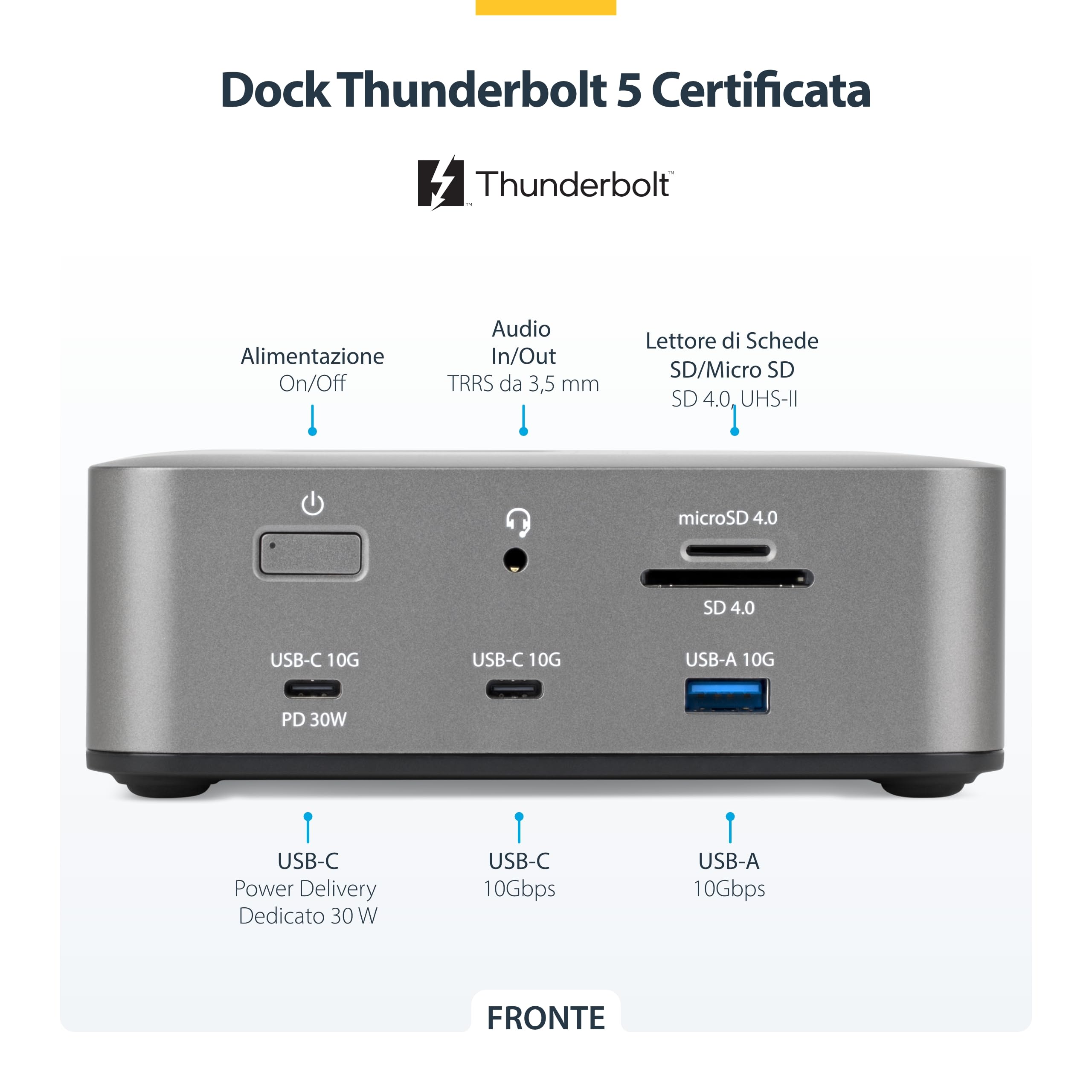 StarTech Dock Thunderbolt 5 USB4, Triplo 4K 144Hz, Doppio 8K 60Hz, 140W | Doppio 8K a 60Hz, Fino a doppio 6K 60Hz per Mac, Compatibile Windows e Mac, Power Delivery