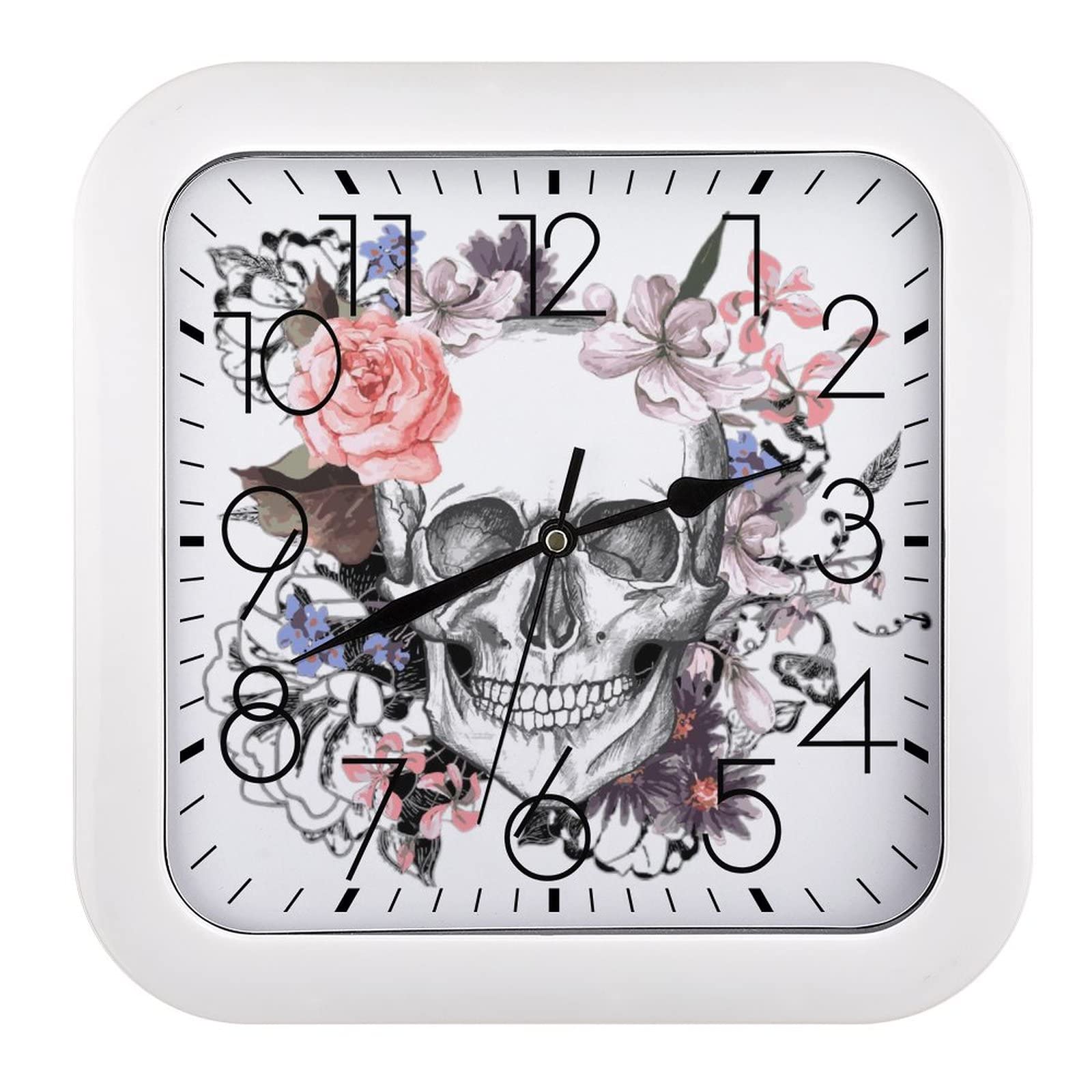 Horloge murale carrée fleur crâne fini les petits chiffres illisibles