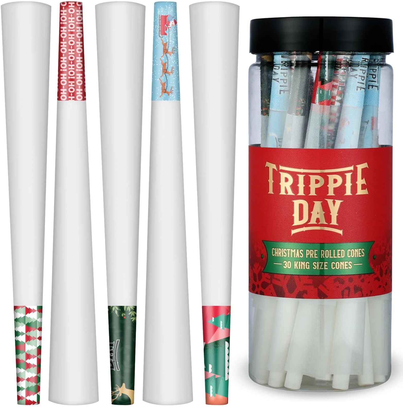 Trippie Day Christmas Pre rolled cones - 30 cones in 5 unique designs - King Size - Premium party pack