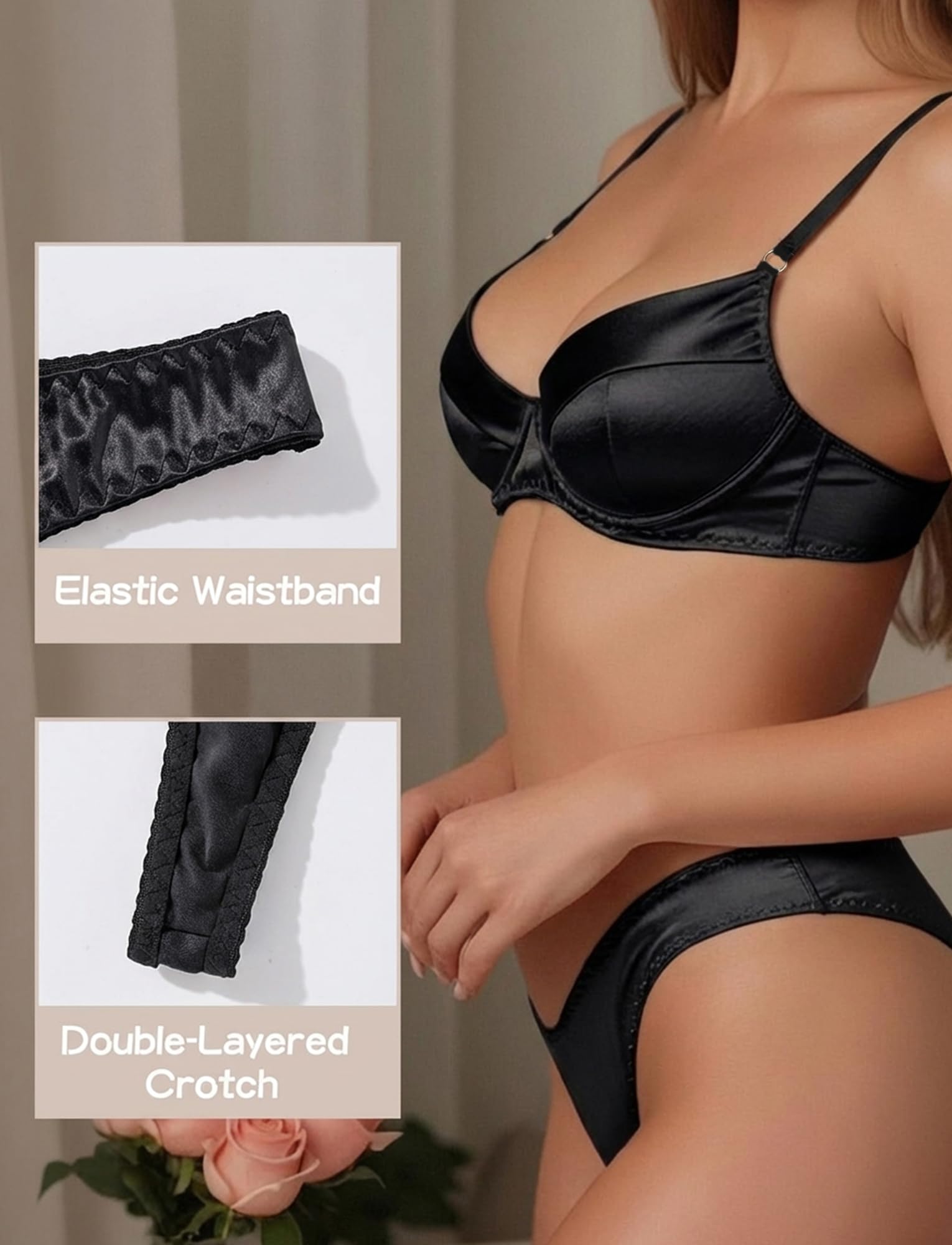 SEAUR Damen Satin-Dessous-Set Sexy Unterwäsche-Set Ohne Polsterung Unterwirkter BH mit String 2-teilig