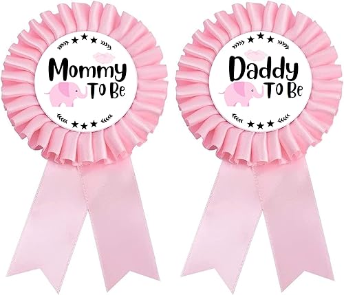 HAPPYLAND - Decoraciones de baby shower para niña, juego de elefante rosa para bebé, hojalata, insignia de mamá para ser y papá para baby shower