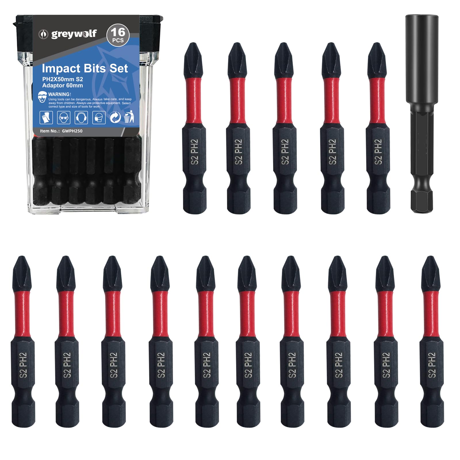 Greywolf 16 pcs Impact Bits, S2 Steel PH2 Non-Slip Phillips Screwdriver Bits, 2"/50mm Magnetic Screwdriver Bit Set, 1/4" Hex Shank, Suitable for Electric Drills, Impact Drills