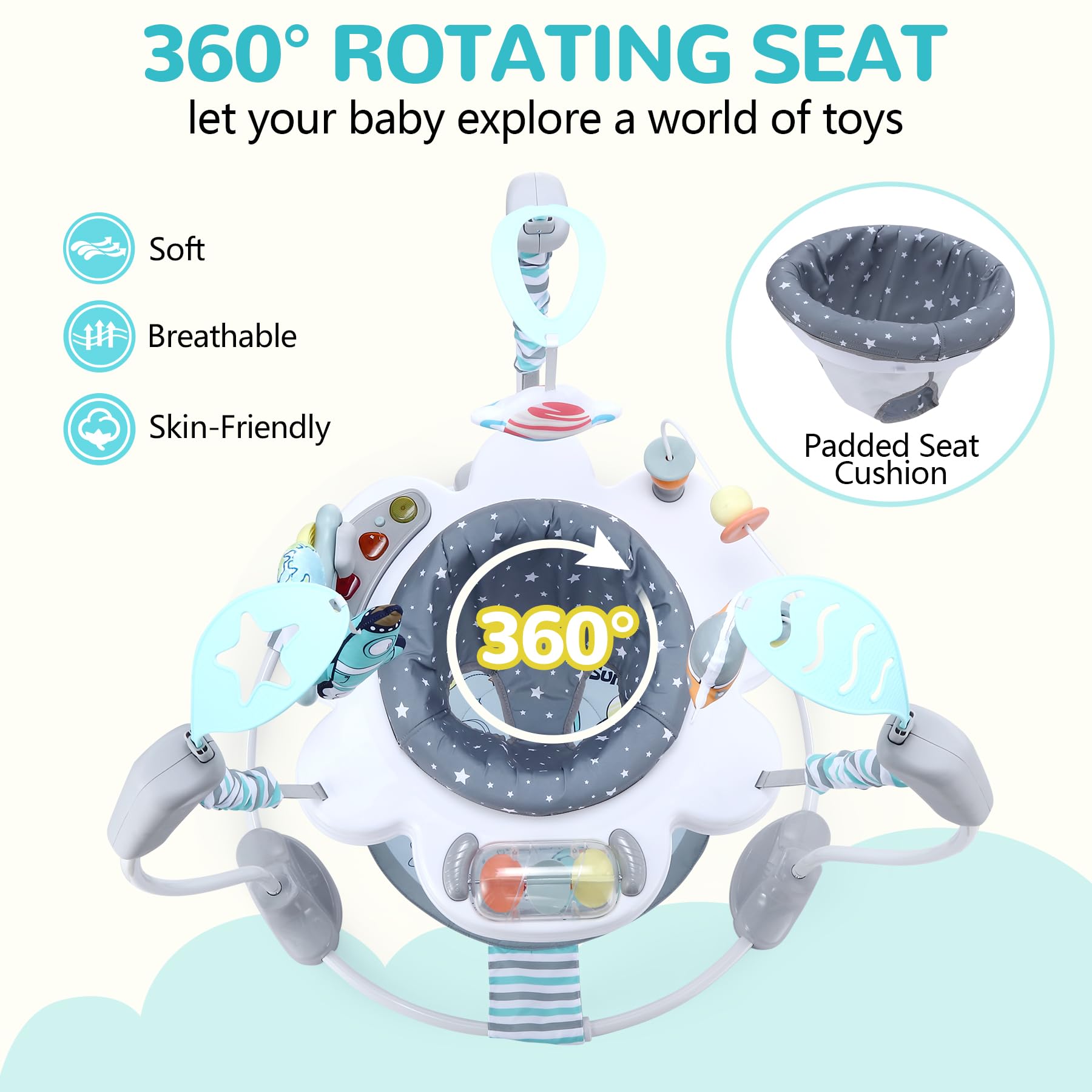 LADIDA Stationary Jumper Jumperoo Aktivitätszentrum für Babys mit interaktivem Spielzeug, 360° drehbarer Sitz, Musikspielzeug und Höhenverstellbar (Space Tour Grey)