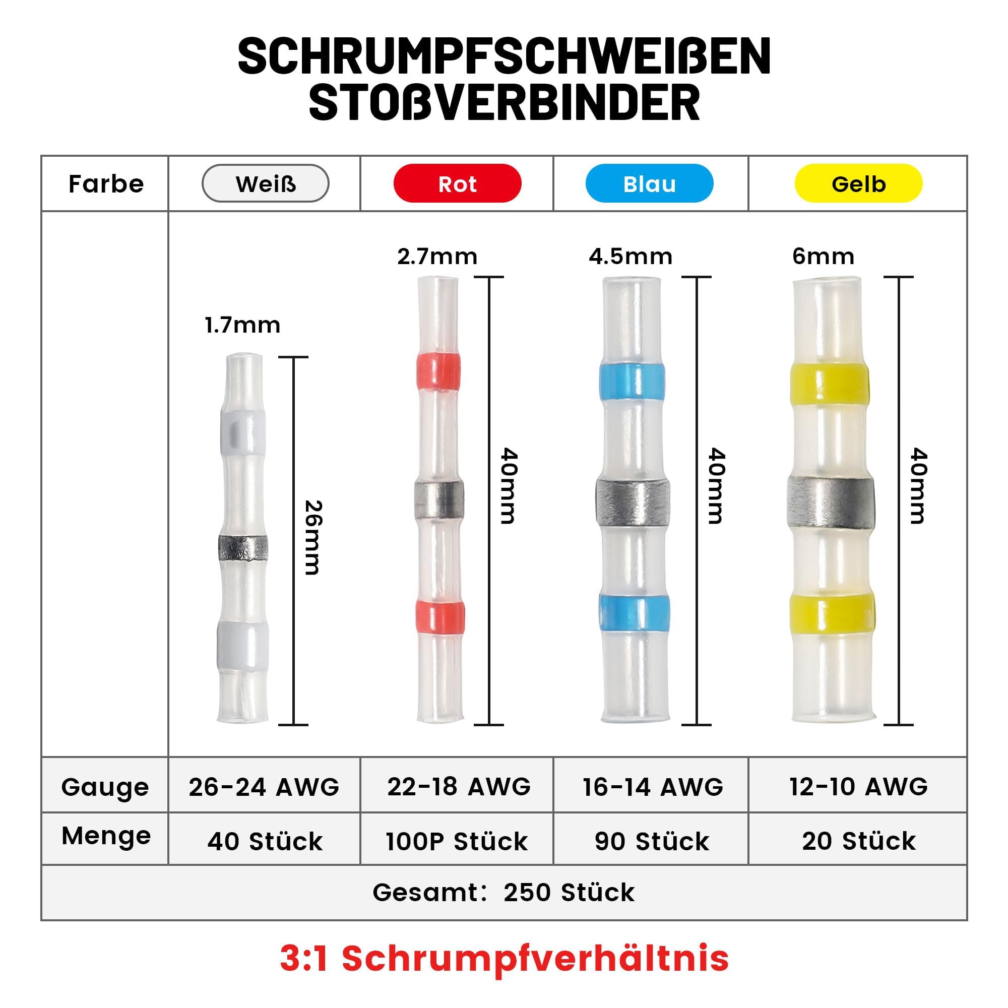 RED WOLF Lötverbinder Schrumpfverbinder 250 Stück Schrumpfschweißen Stoßverbinder Für Automotive Marine Home Wasserdicht Geschweißte Connector Kit Solder Seal Wire Connectors