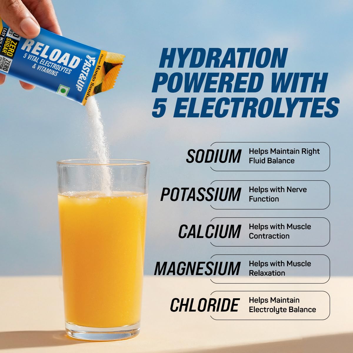 Fast&Up Reload Electrolytes Powder Sachets | Zero Added Sugar Hydration Drink with 5 Essential Electrolytes Vitamin C & B12 | Summer Heat, Workout Recovery, Travel & Wellness | Mango Samba, Pack of 5 Sachets 2