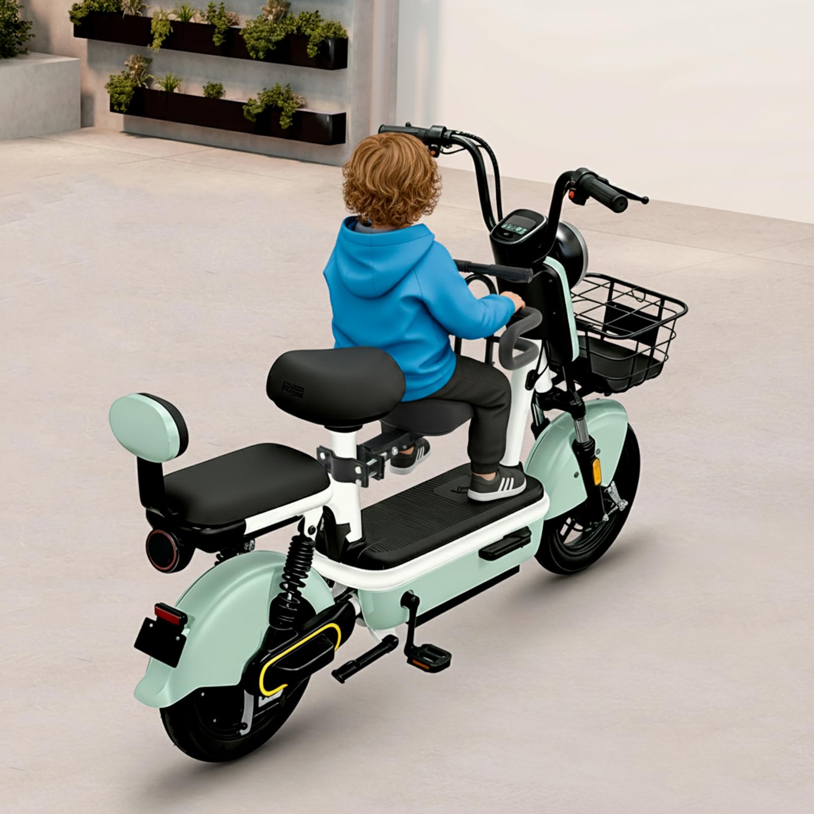 Fahrradkindersitz, Klappbarer Sitz für Elektroroller, Sitz verstellbar, Faltbar, Front Mounted Scooter, Karbonstahl, Verwendung in der Stadt, Reisen, Spaziergang, bis 30kg