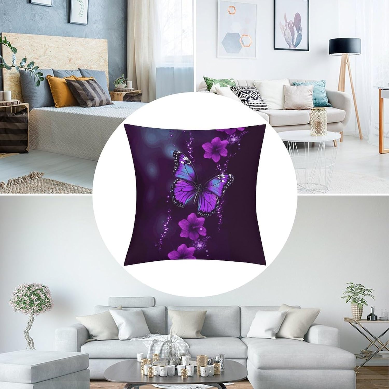 Purple Butterfly Pillow Protectors Cute Waterproof Pillow Cover Soft Skin-Friendly Cushion Case Decorative Square Cushion Cover for Couch Sofa Bed Living Room Bedroom