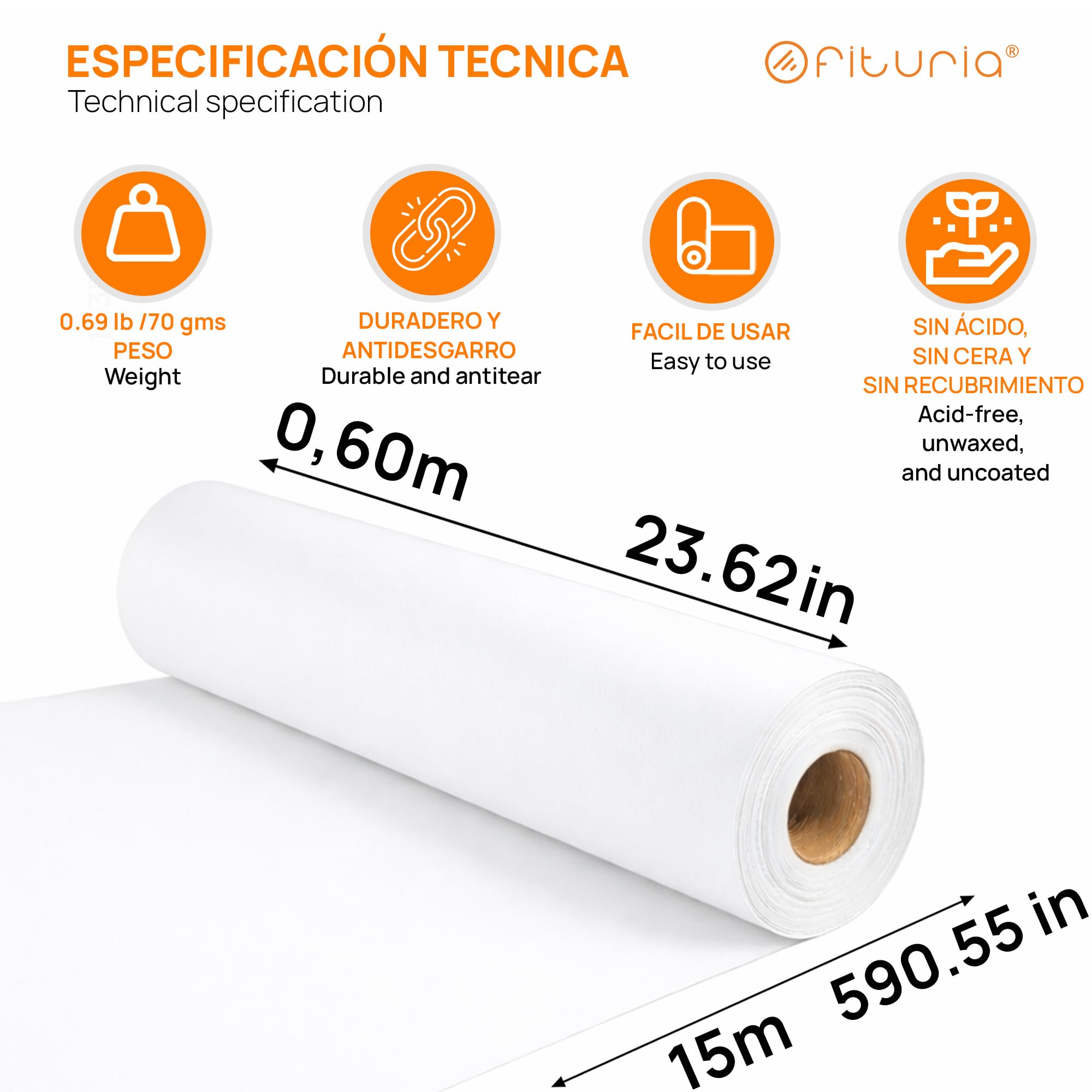 OFITURIA Papel Kraft biała rolka 0,60 x 15 m, 3 rolki, papier pakowy i papier do pakowania prezentów, do wysyłki i majsterkowania, trwały i łatwy do cięcia
