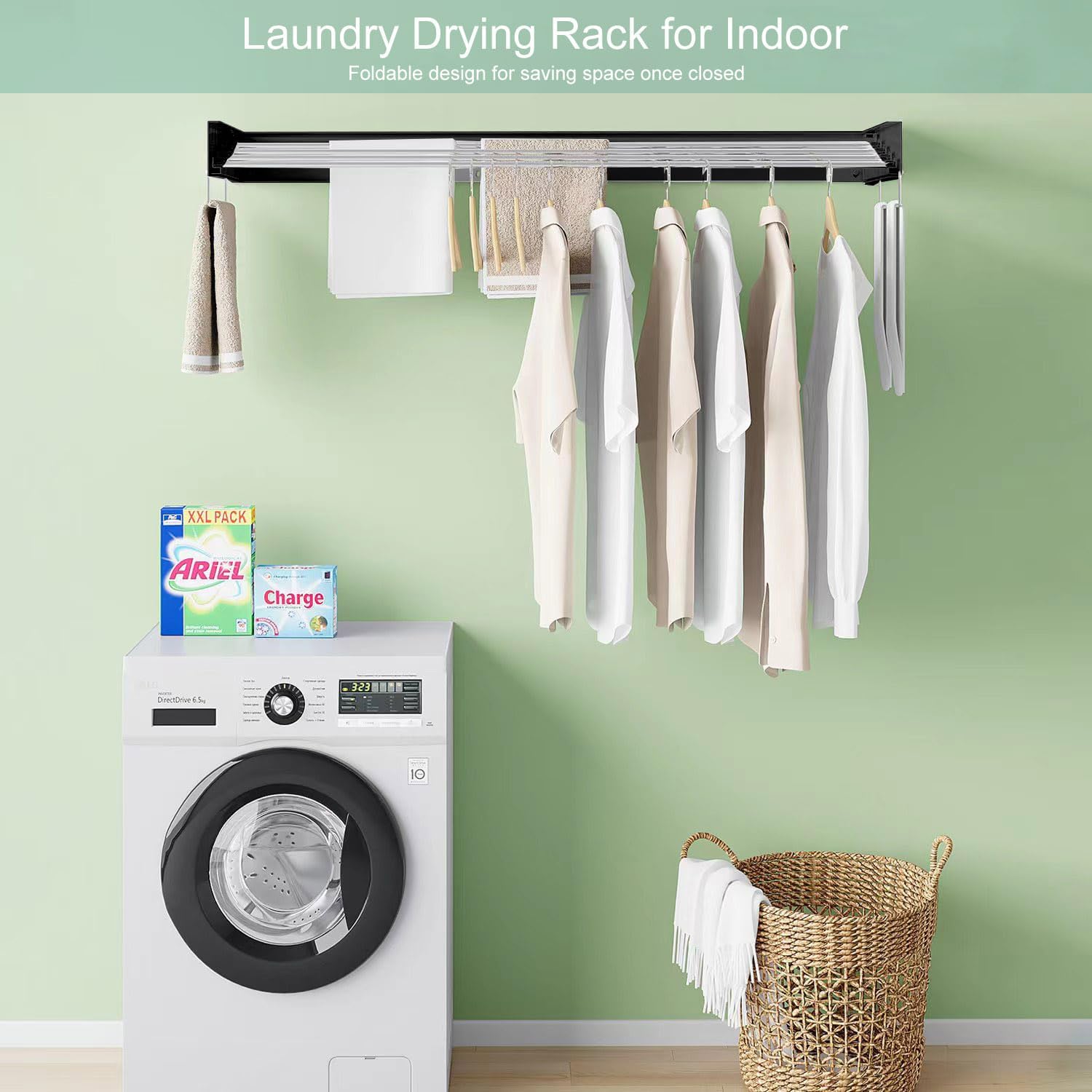 Wall Mounted Laundry Rack, Collapsible Clothes & Towel Drying Rack for Indoor & Outdoor, 60 lb Capacity, 31.5' Wide, 13.5 Linear Ft, Black