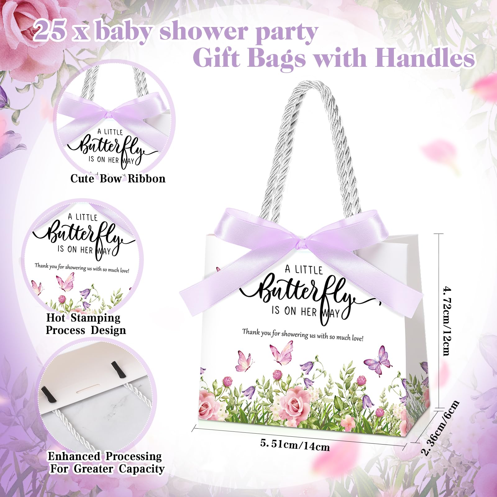Spakon 25 Pack Butterfly Baby Shower Favors Gift Bags Goodie Bags with Handles and Bow Ribbon for Baby Shower Return Gift
