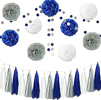Vista 1 de InBy Kit de decoración de fiesta de 26 pompones de papel de seda, azul marino, gris y blanco, guirnalda de borlas para bodas, primer cumpleaños