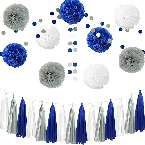 InBy Kit de decoración de fiesta de 26 pompones de papel de seda, azul marino, gris y blanco, guirnalda de borlas para bodas, primer cumpleaños,