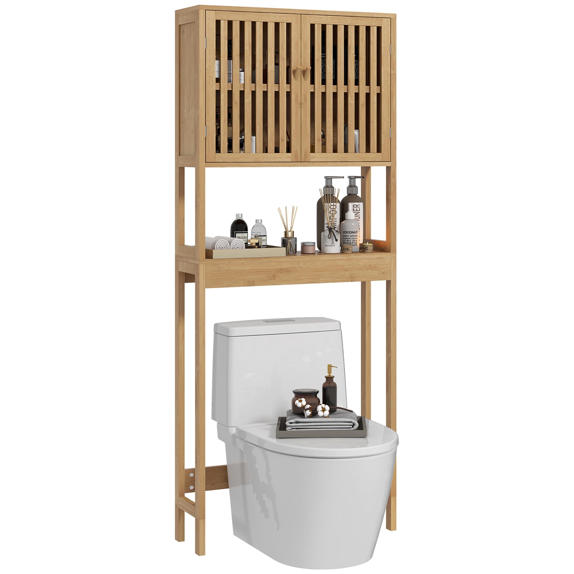 HOMCOM Bamboo Over the Toilet Storage Cabinet, Over Toilet Bathroom Organizer with Slatted Doors, Adjustable Shelf and Open Shelf, Natural (used) 