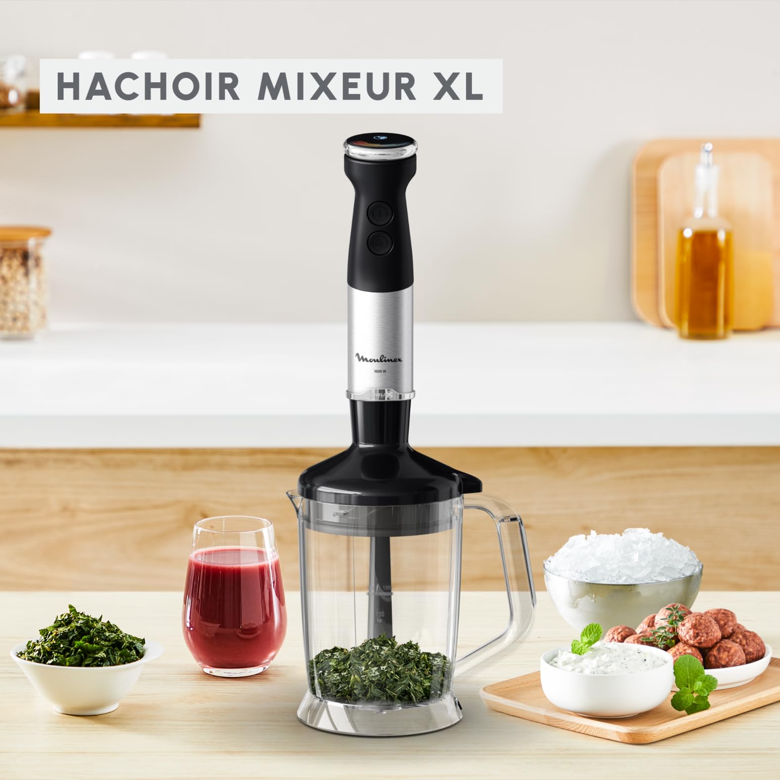 Moulinex Quickchef+ Pied Mixeur, 1000 W, Silencieux, 20 vitesses, Mode turbo, Accessoires hachoir compact, Hachoir mixeur XL, Fouet DD67L810, Noir