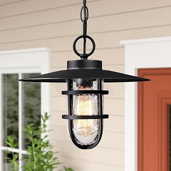 12" Black Outdoor Pendant Light with Seeded Glass, Farmhouse Exterior Hanging Lantern Chandelier with 70" Adjustable Chain for Porch Patio Gazebo Front Door Bulb Included