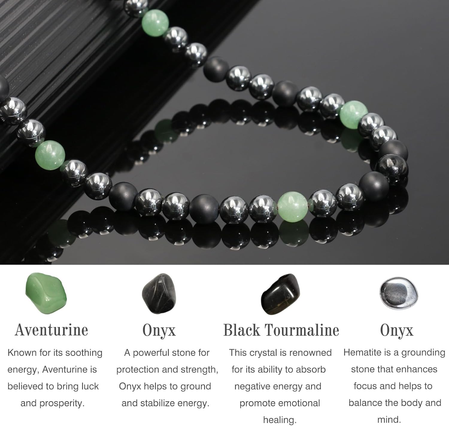 Protection Crsytal Beads Necklace for Men - GENASTO Hematite Black Tourmaline Crystals and Onyx Beaded Necklaces, Handmade Energy Stone Necklace Jewelry Gifts for Him - Image 5