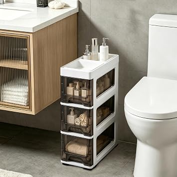 3 Drawer Storage Organizer, Narrow Slim Plastic Storage Drawer Cart with 4 Wheels, 3 Tier Space Saving Storage Tower Box, Narrow Storage Cart for Small Space Bedroom Bathroom Kitchen Pantry Office