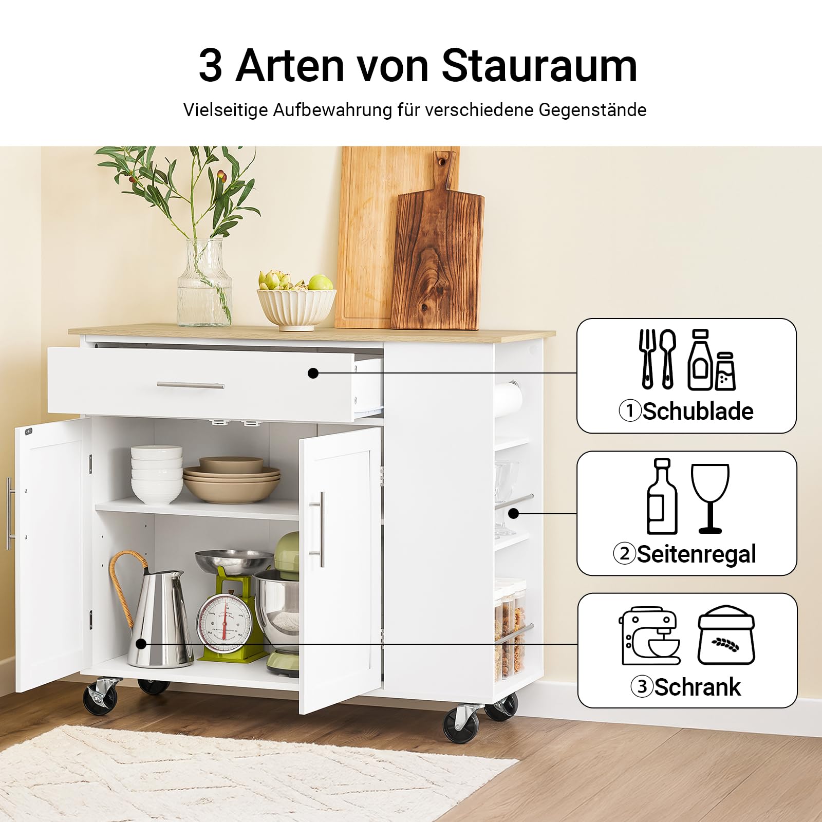 SoBuy Kücheninsel mit Arbeitsplatte, Küchenwagen mit Rollen, robuster Stauraum mit Edelstahl-Details, ideal als Servierwagen für Kaffeebar & Grillparty, für Kochliebhaber Weiß 99x85x40 cm FKW133-WN