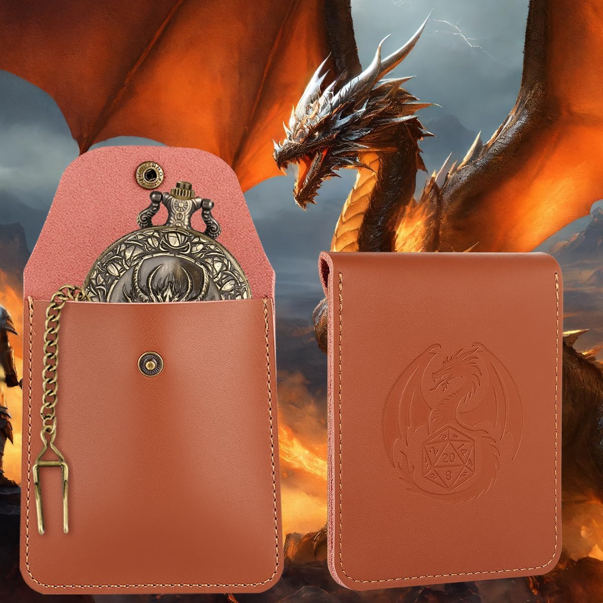 Mini DND Dice Set, Steampunk Dragon Head Pocket Watch Shell Case, 7 Piece Polyhedral D&D Dice, DND Leather Gift Bag with Dragon Logo, MTG, Role Play Board Game Accessories, Bronze Dragon Gifts