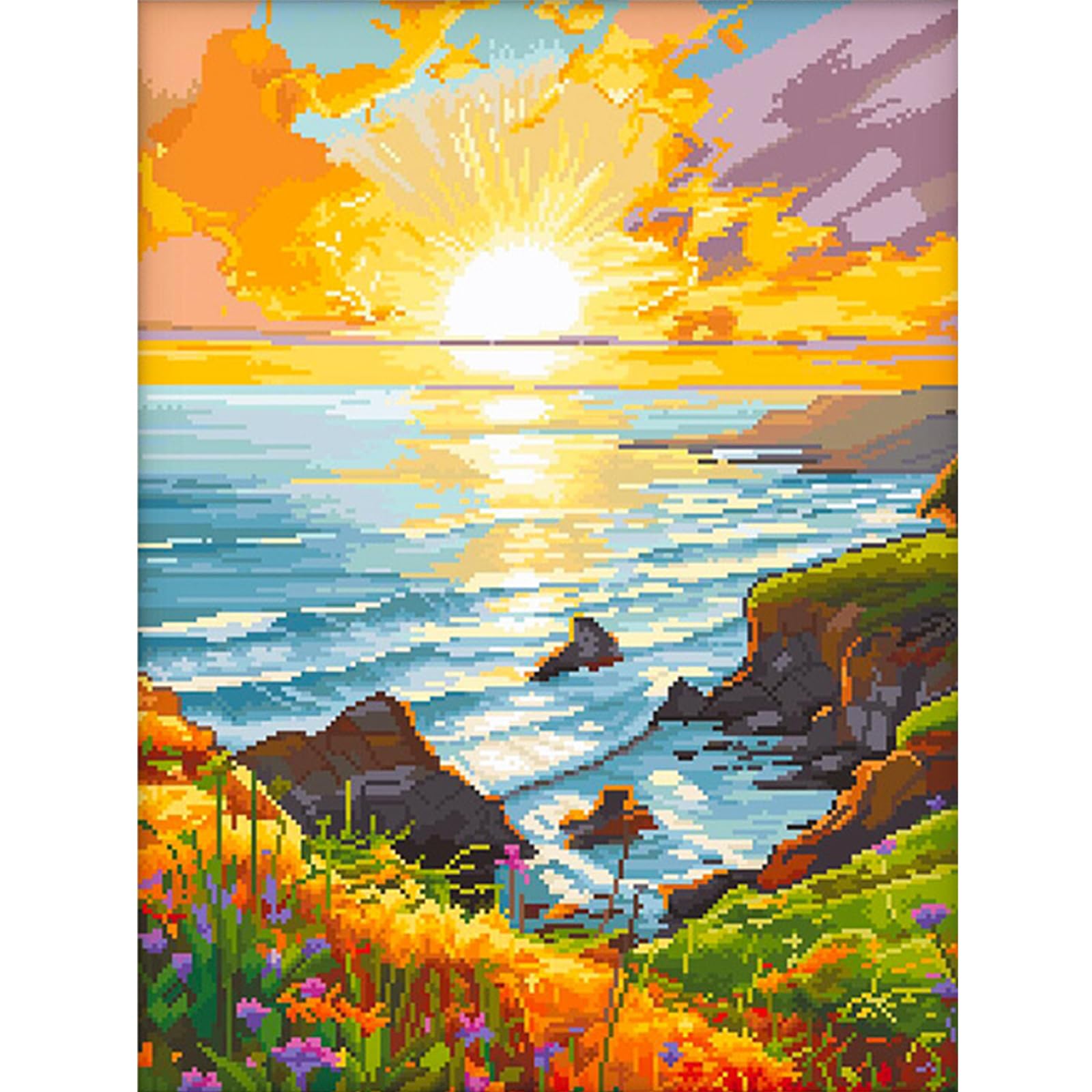 Beach Sunset 14CT 2 Strands DIY Stamped Embroidery Needlepoint Starter Kits for Adults Home Decor Cross Stitch Art and Crafts Kits 13.88x17.82In