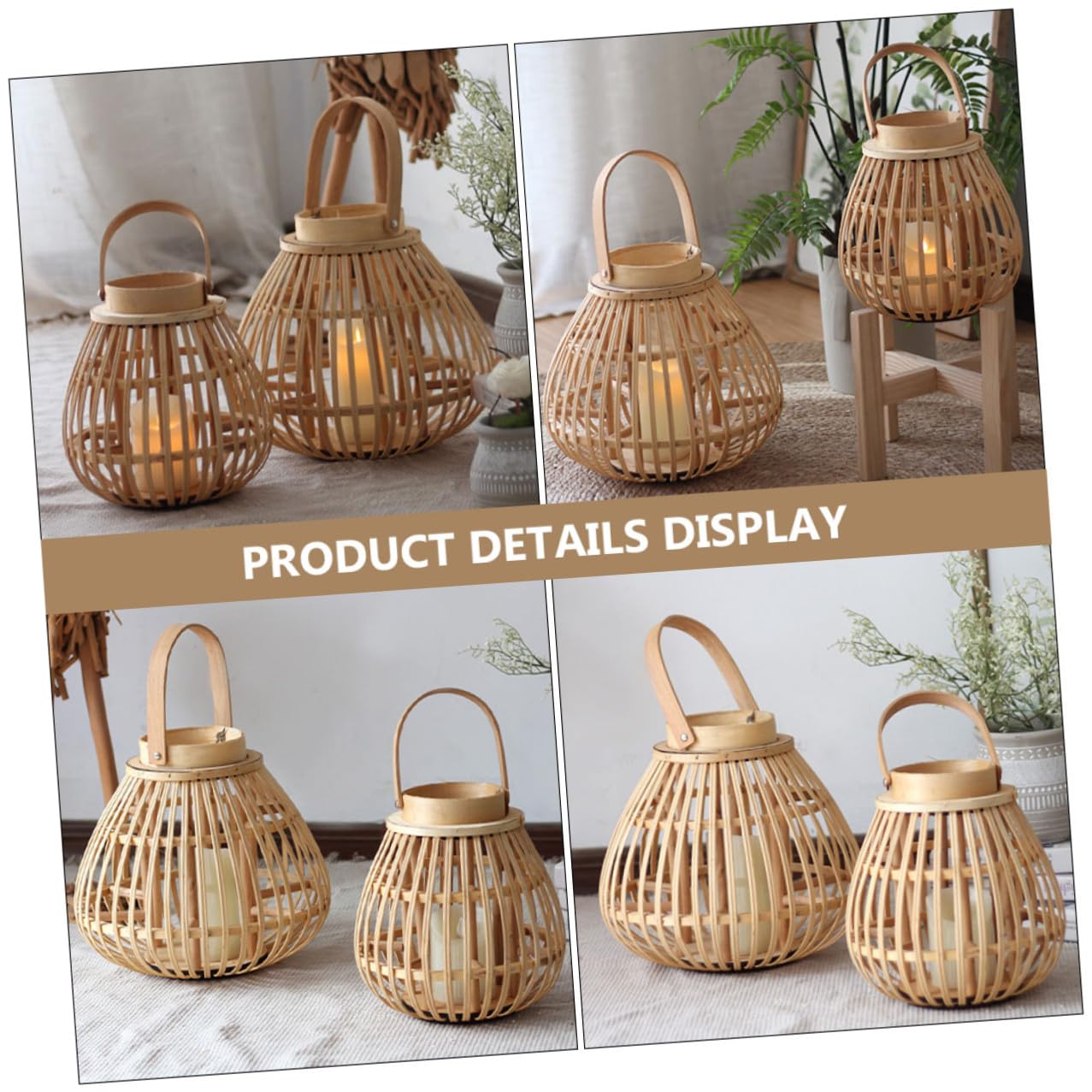 Candelabro Tejido de Bambú Beige Hecho a Mano, Estilo Linterna | Decoración del Hogar y Fiestas, Madera y Bambú, Incluye Velas, Tono Retro de Atmósfera Natural