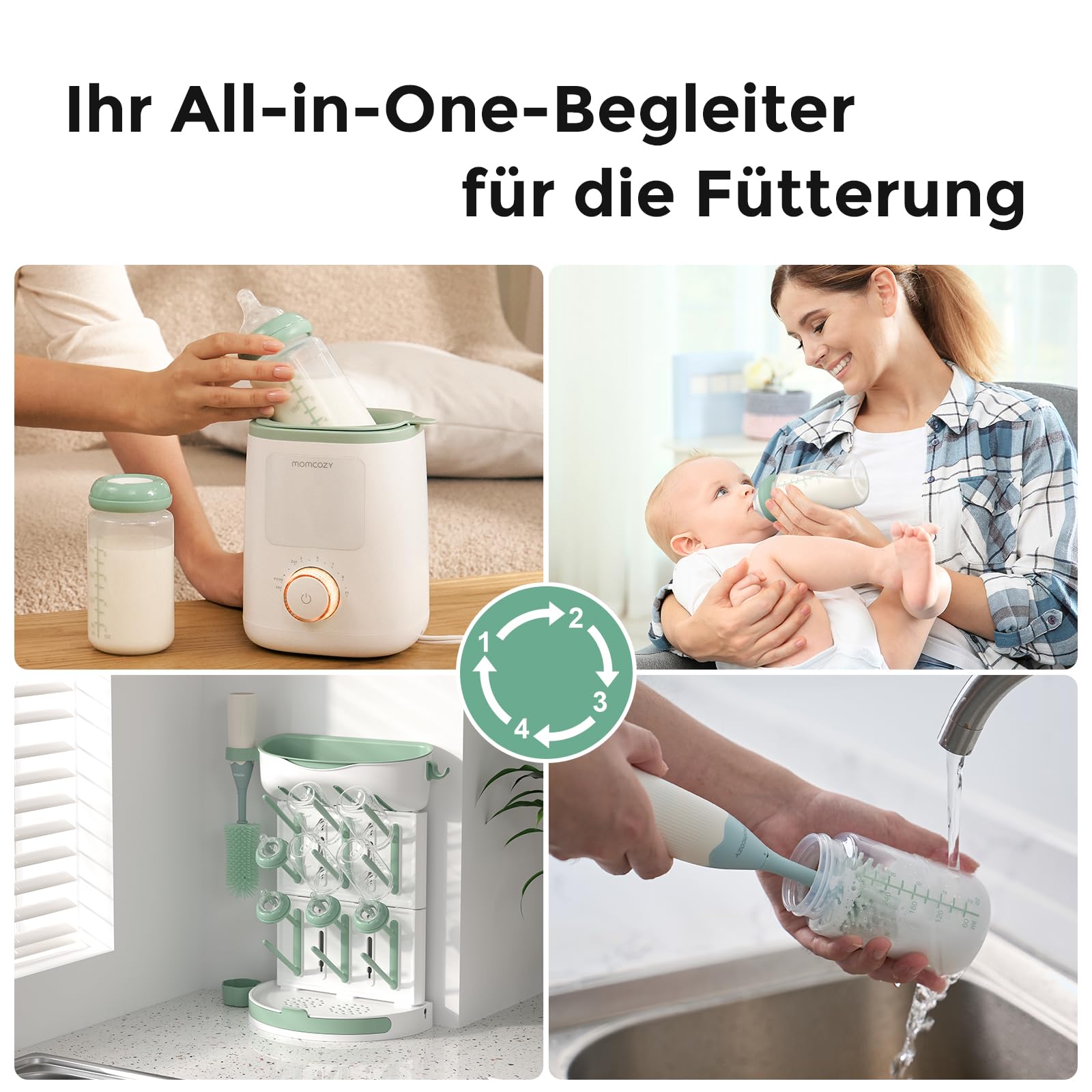 Momcozy Natürliche Baby Bottle Muttermilch Bewahrung, 330ml Breitmaul-Muttermilch-Aufbewahrungsflasche für Kühlschrank & Momcozy Muttermilch-Kühler, BPA-freie Milchsammelflaschen, Stillhilfe, 4er Pack