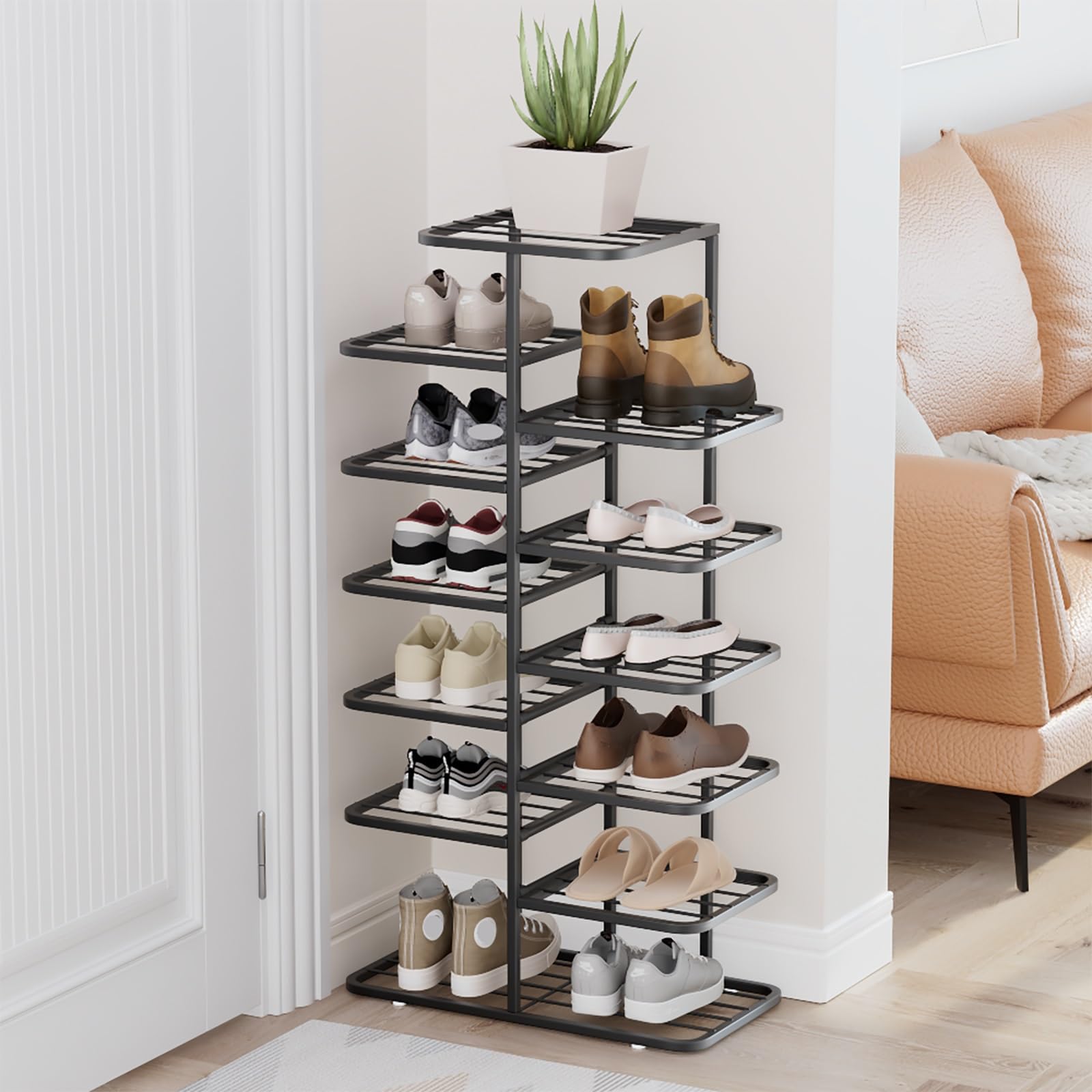 RXZCHH Solidny biały metalowy stojak na buty do przedpokoju — zajmujący mało miejsca organizer montowany na podłodze z przestronną półką (51 cm/20,1 cala) zapewniającą efektywne przechowywanie i