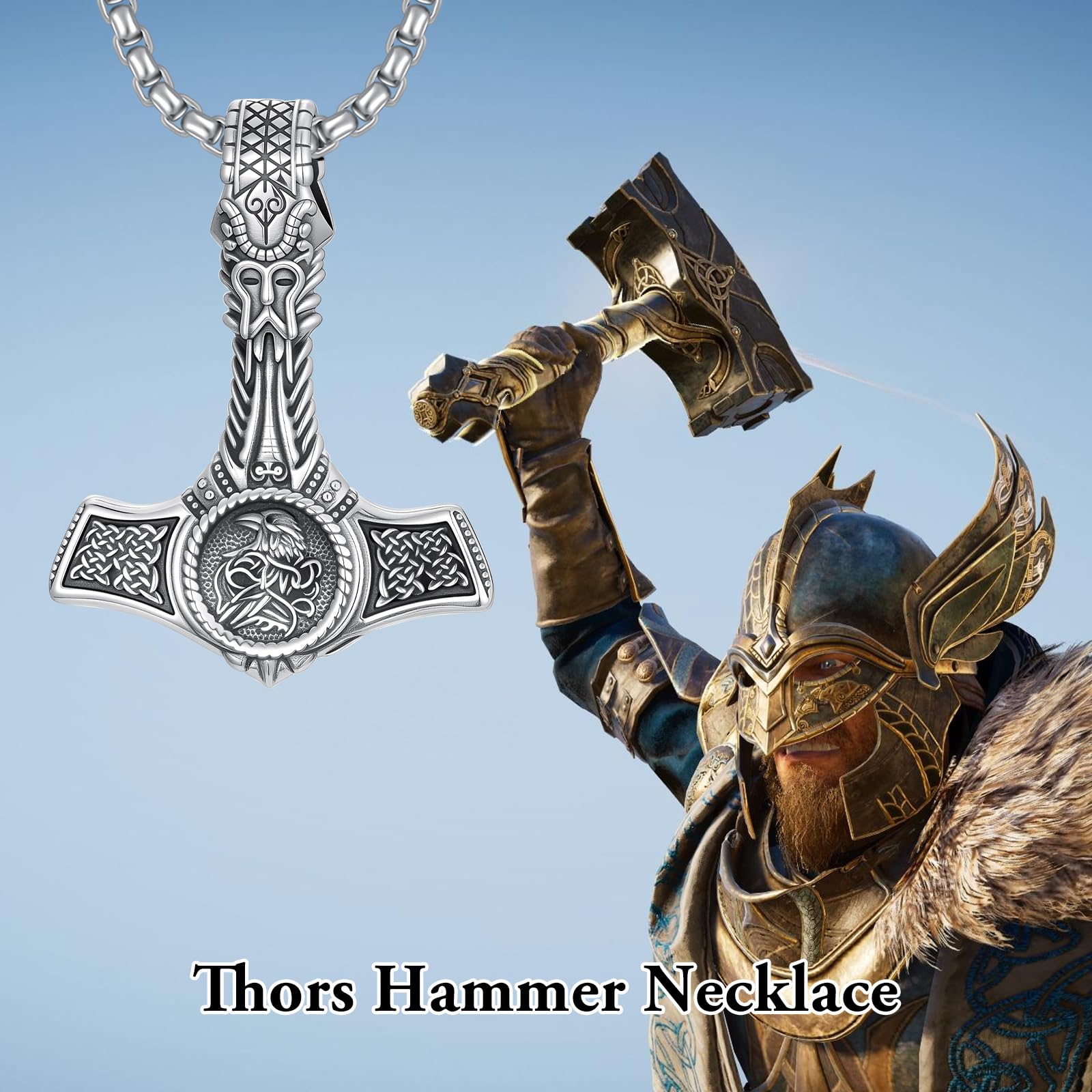 PROESS Thors Hammer Halskette 925 Sterling Silber Wikinger Rabe/Löwe/Wolf Anhänger Kette Keltischer Knoten Schmuck Mjolnir Geschenke für Damen und Herren