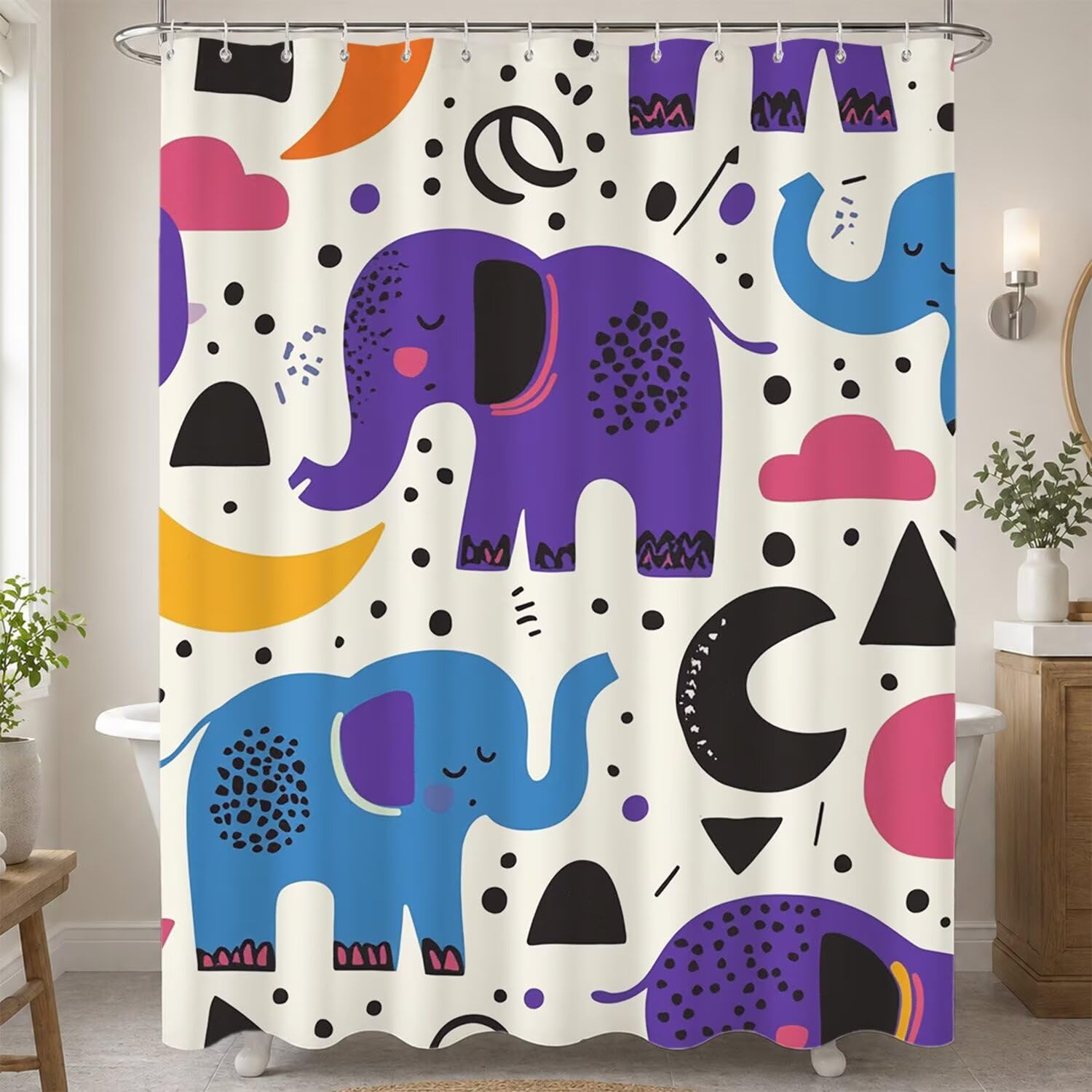 Rideau de douche éléphant 160x180 cm imperméable en polyester avec crochets T-X71