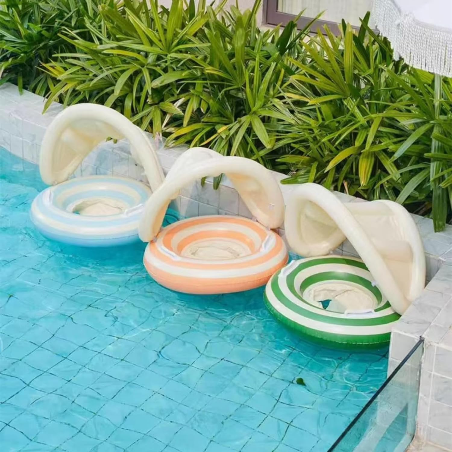 Baby Swimming Ring Inflatables with Detachable Canopy Sun Protection, Stripy Cartoon Float Seat with Handles for Boys Girls 40 lbs
