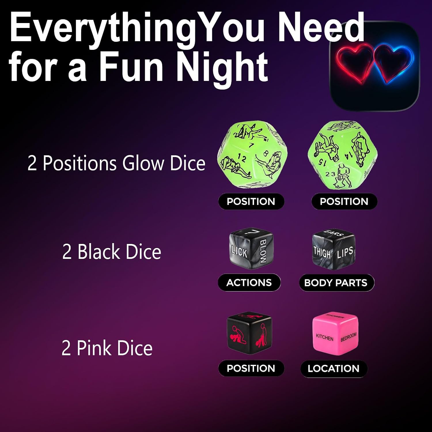 Couples Sex Dice Sex Game, Adult Sex Games Dice with Positions, Body Parts, Actions & Locations, Glow in The Dark Naughty Dice Sex Toys for Date Night, Romantic Bedroom Game Gift Sex Cards for Couple