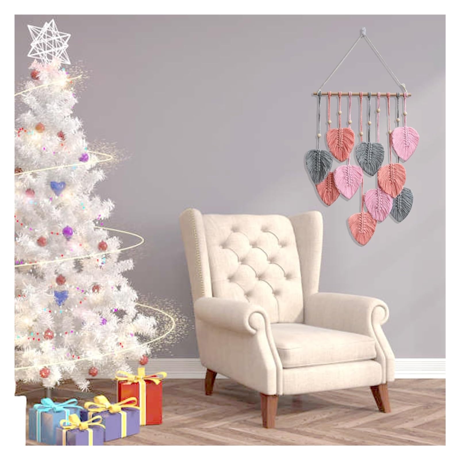 Tapiz de pared tejido, Tapiz de pared de macramé con borlas de hojas verdes, hecho a mano, tejido de algodón, hojas de macramé, decoración de pared con hojas(Pink)