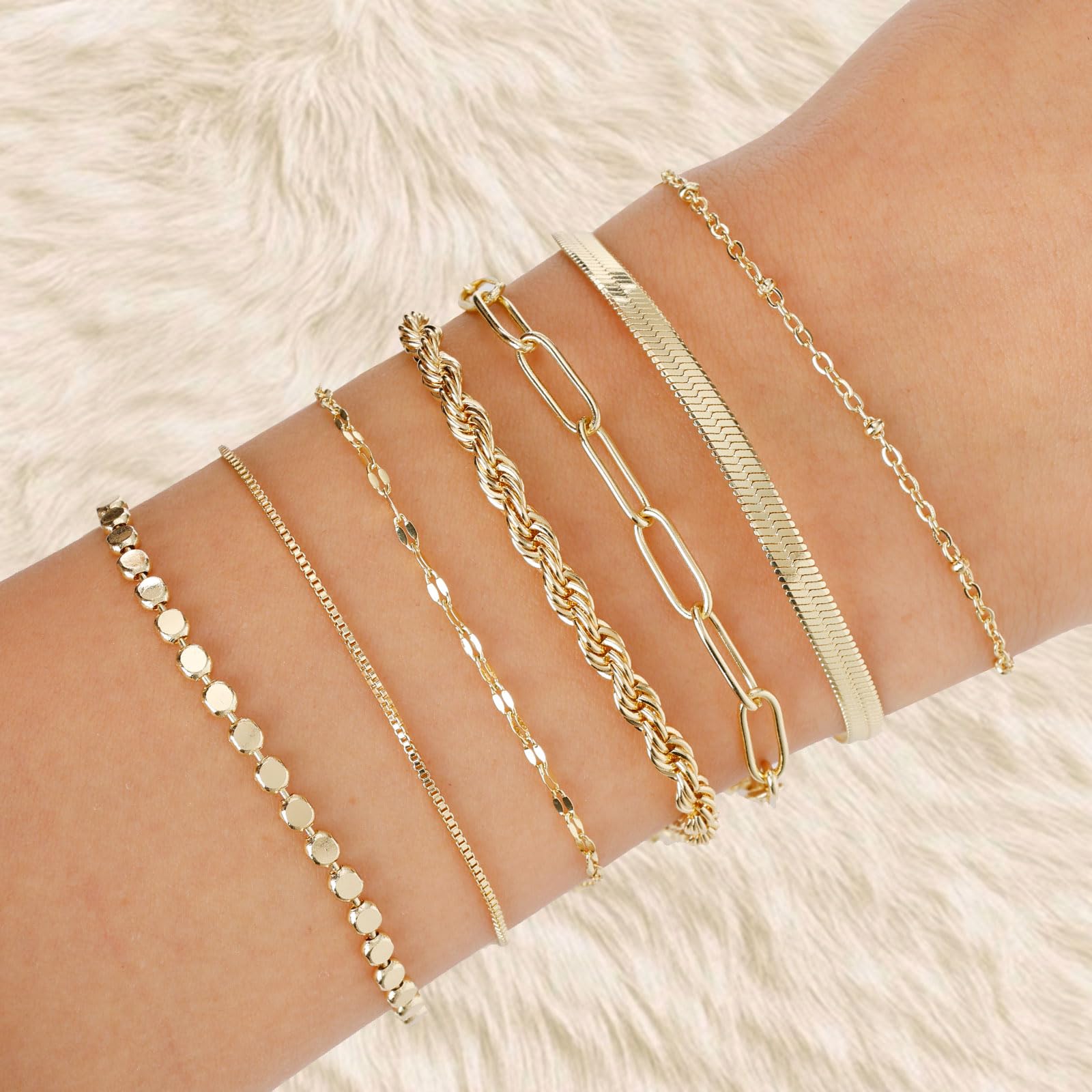 7Pcs Pulseras Oro Mujer, 14K Pulseras de Cadena Pulsera Acero Inoxidable Pulseras Mujer Oro Ajustable — view 2
