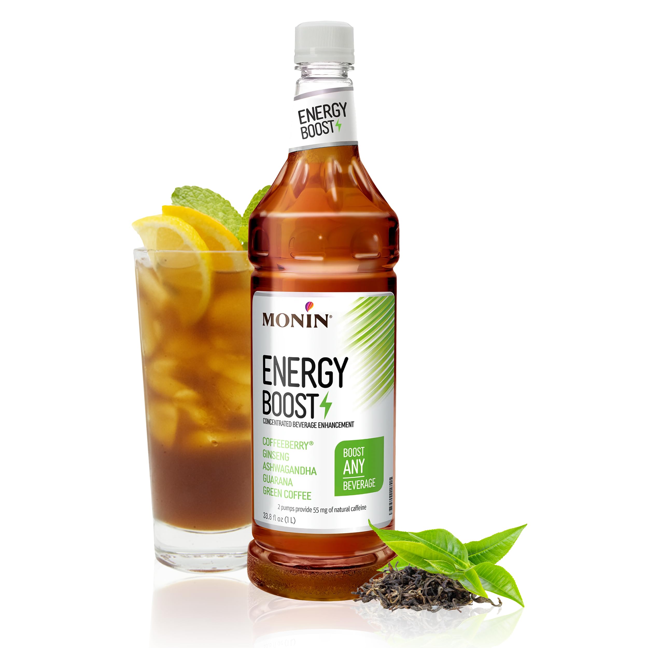 Monin - Energy Boost, Liquid Energy Supplement, Subtle Tea Flavor, Zero Added Sugar, Great for Coffee, Soda, & More, Low-Calorie, Contains Natural Caffeine, Gluten-Free, Clean Label (1 Liter + Pump)